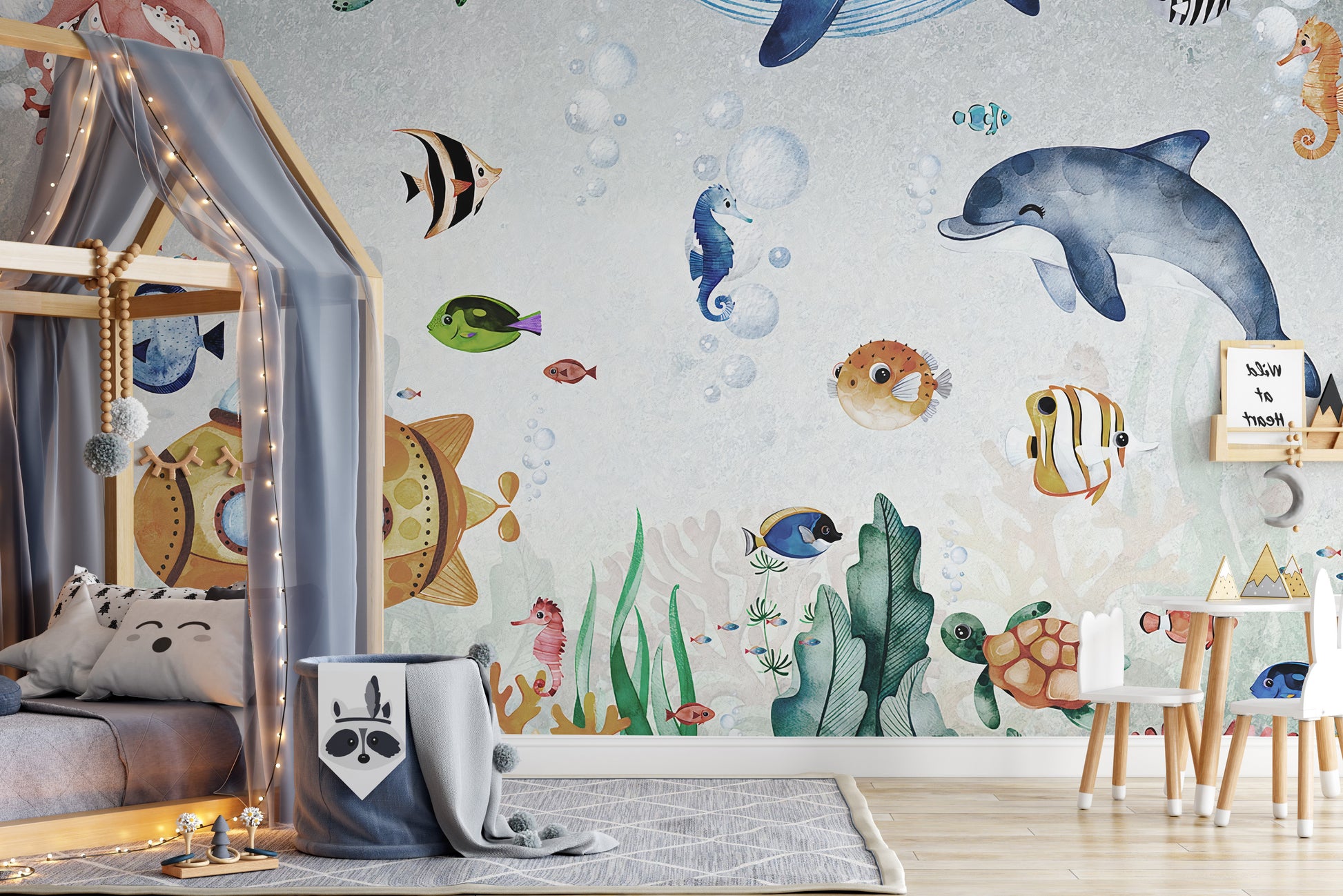 Fish and marine creatures wallpaper in ocean hues