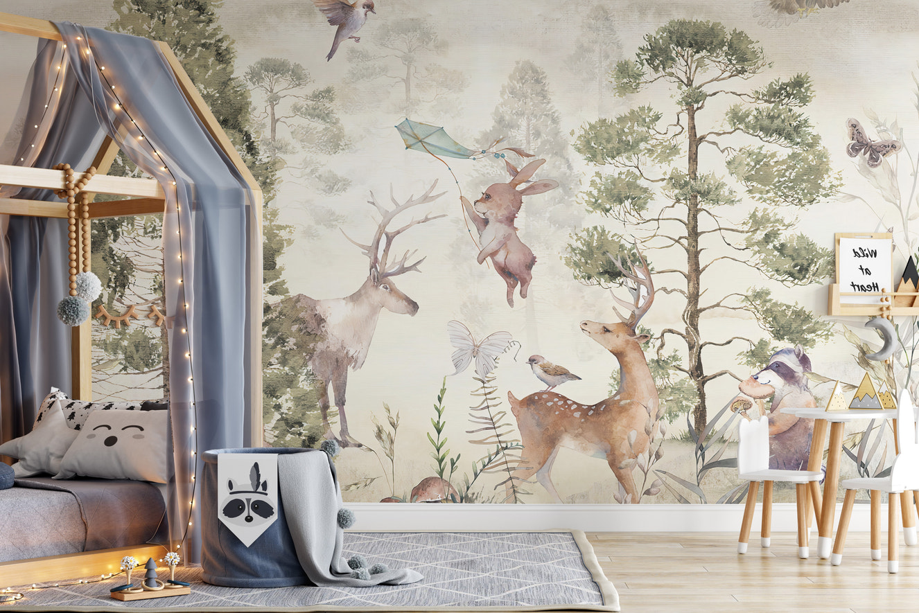 Serene wildlife mural with peaceful scenery