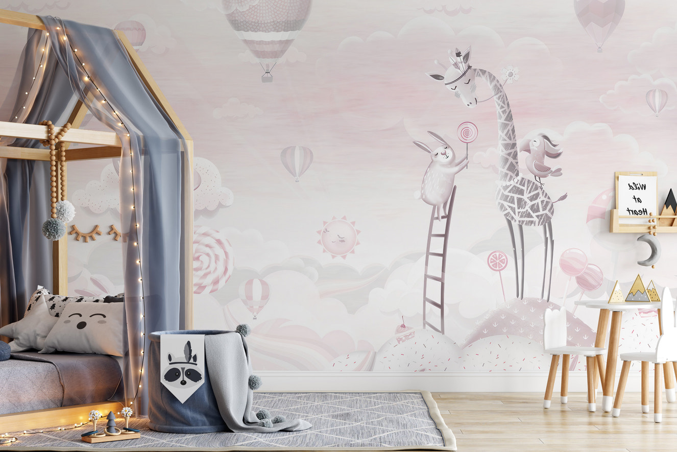 Adorable pink cartoon mural for kids room
