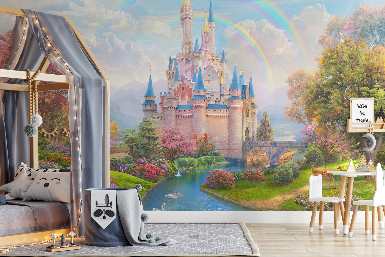 Pink castle mural for a princess-themed room
