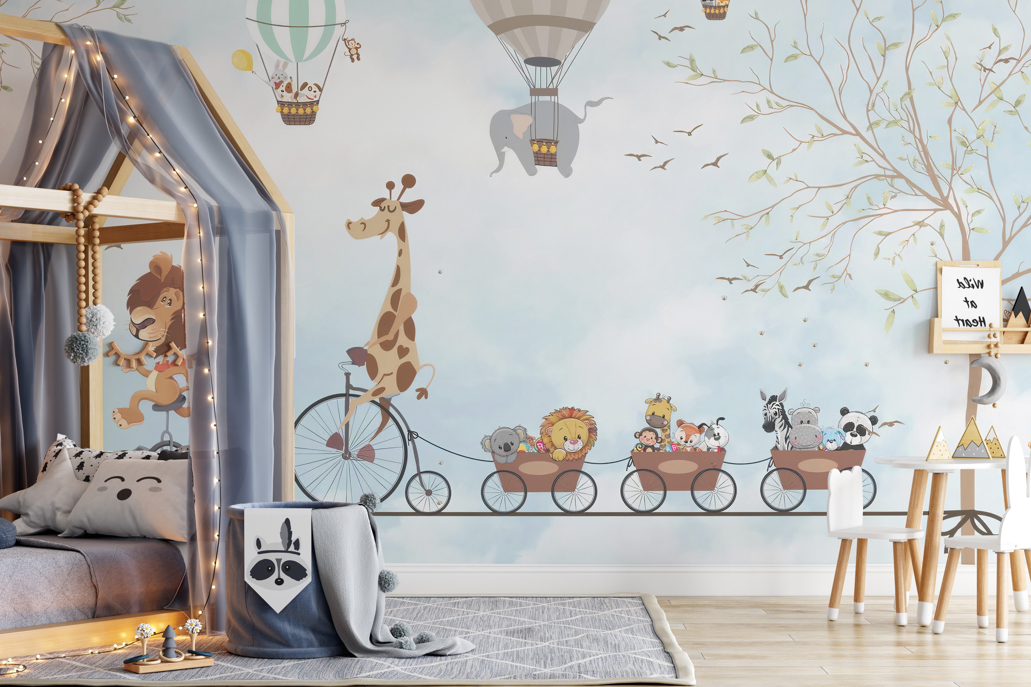 Aerial animal acrobats mural for kids' walls
