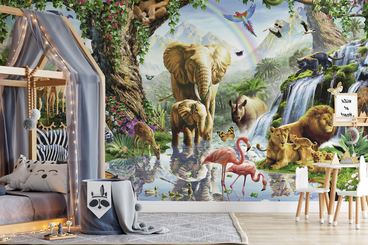 Jungle-themed 3D mural with vibrant animals
