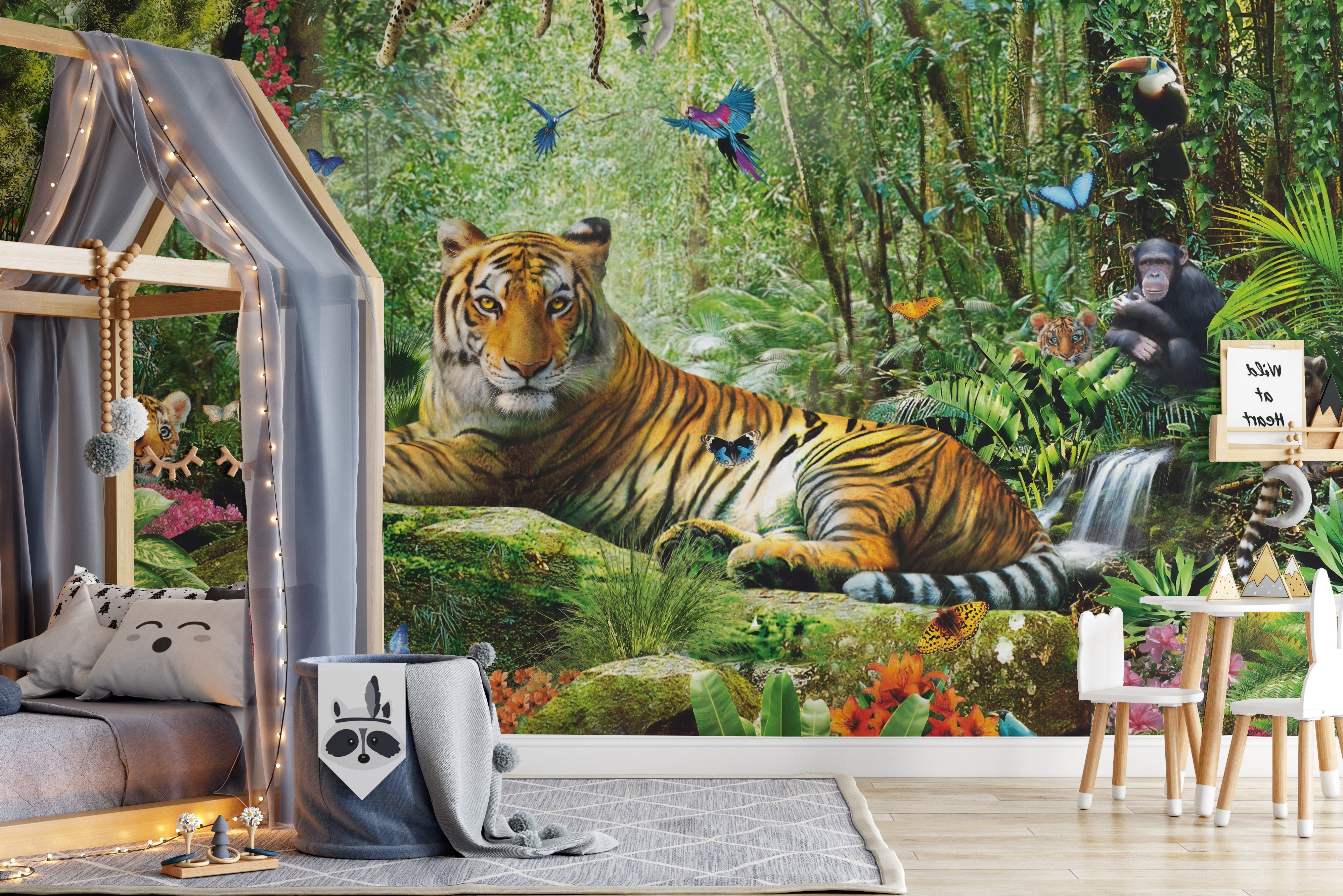 Regal tiger in lush safari landscape mural
