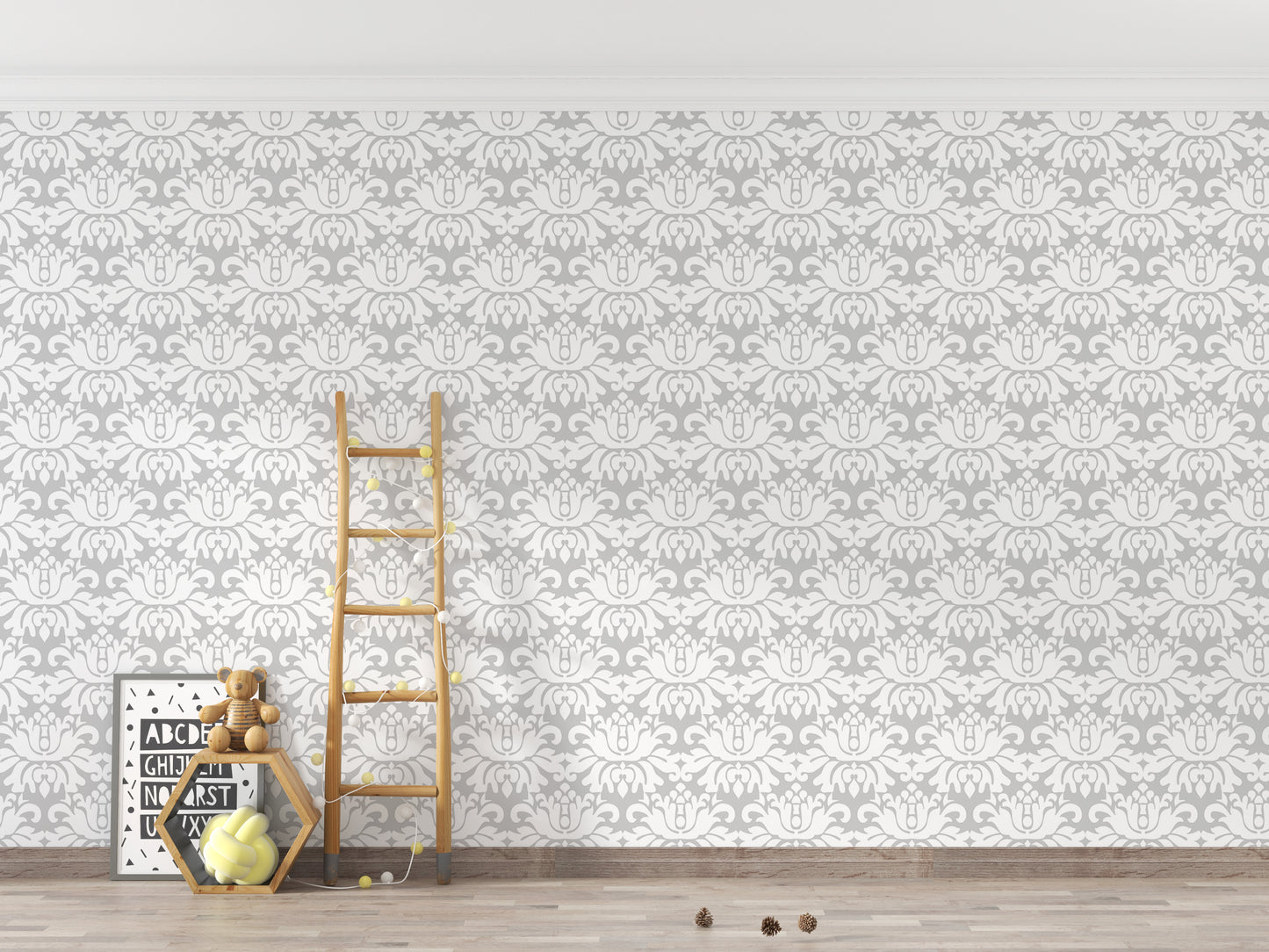 Stylish White Damask Repeat Pattern Peel and Stick Wallpaper