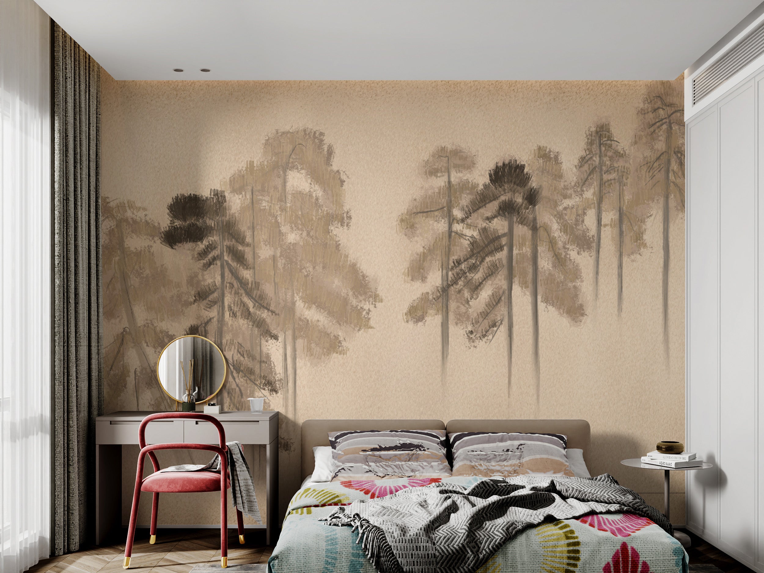 Moody wall art with a grunge-inspired pine forest