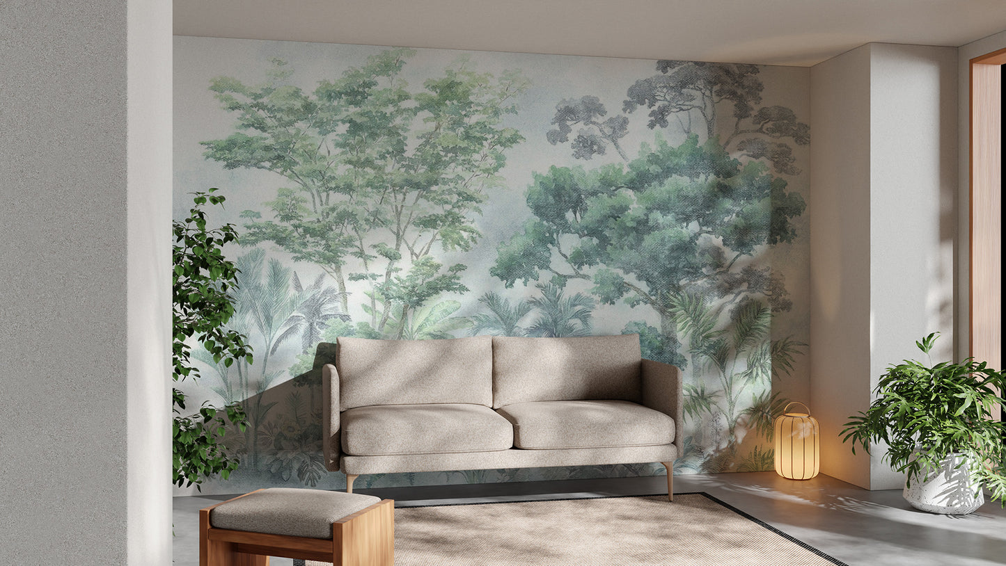 Refreshing tropical jungle mural in shades of green
