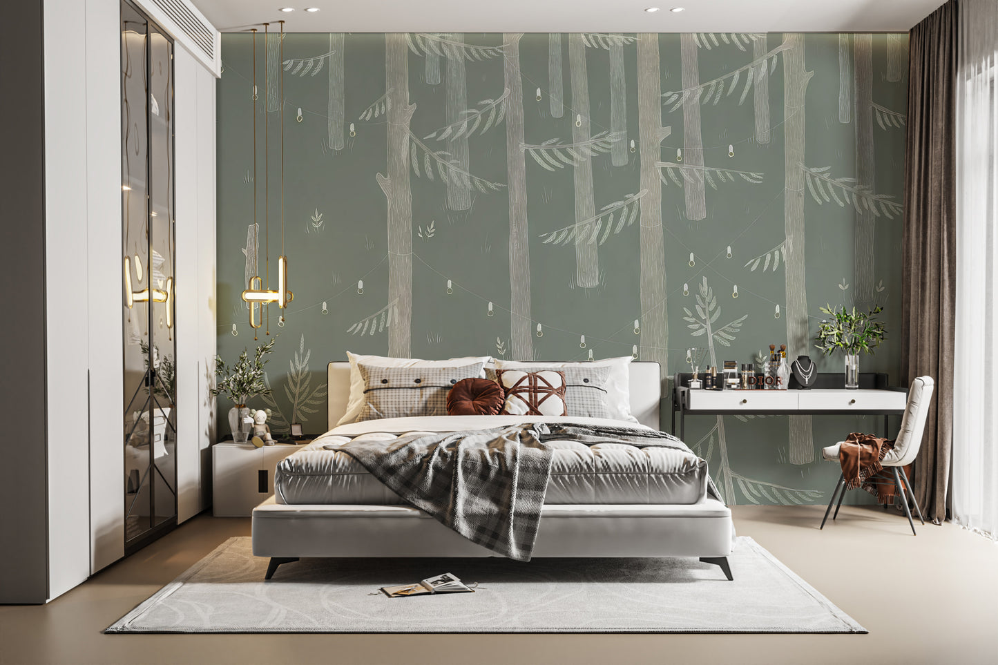 Self-adhesive forest lights mural for modern interiors