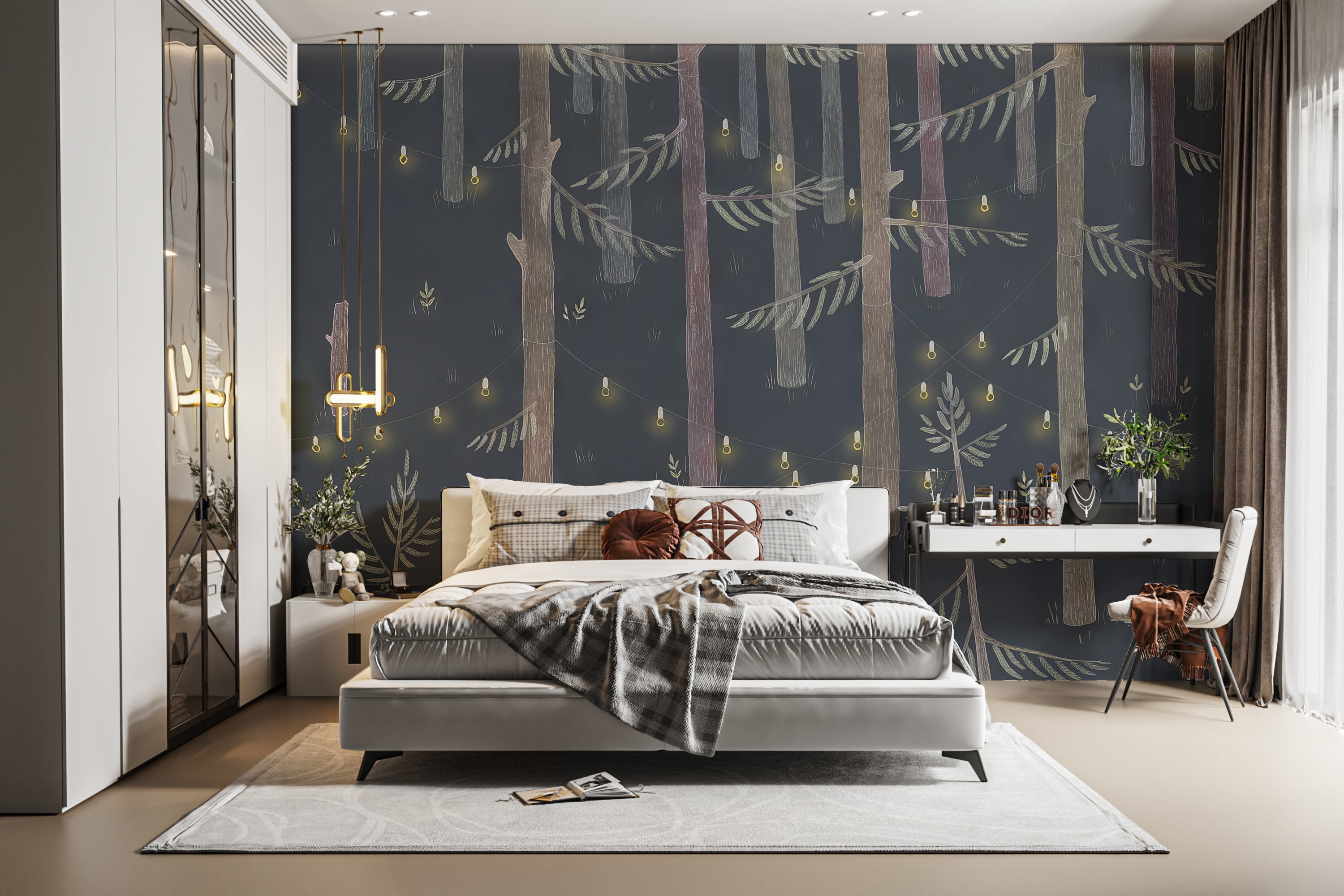 Peel and stick string lights trees mural for walls