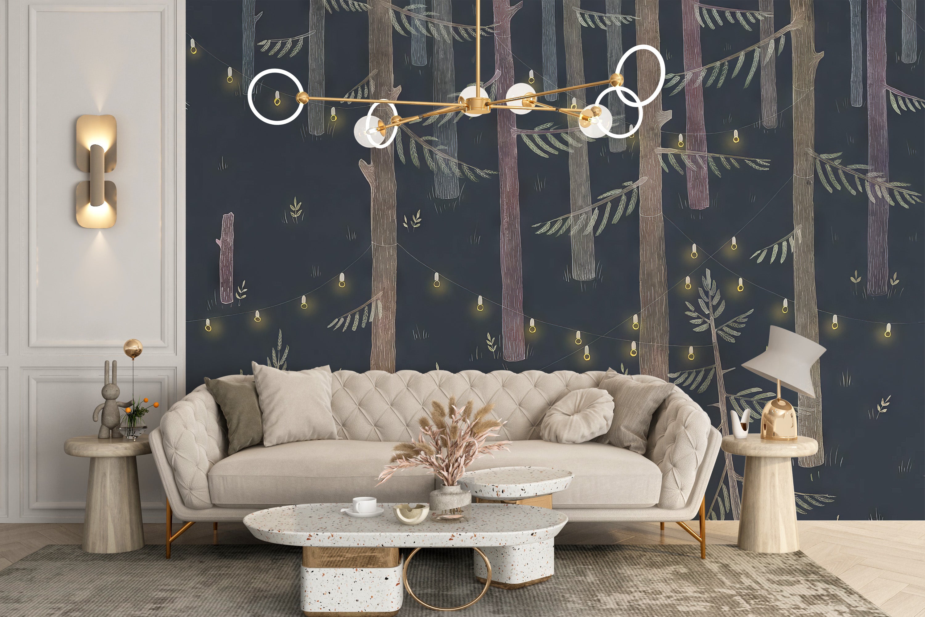 Decorative string lights trees mural for serene wall accents