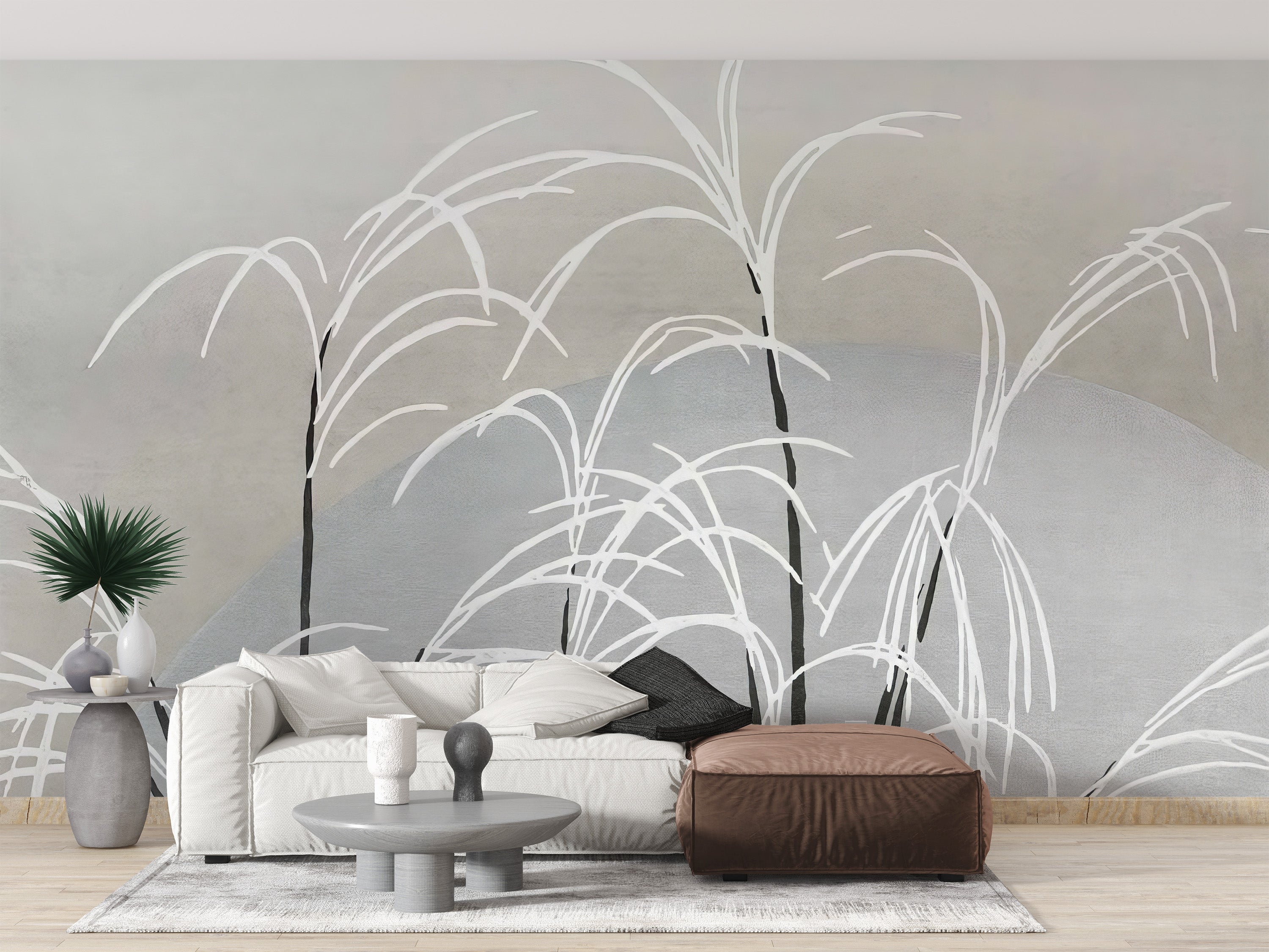 Elegant white reeds mural adding texture to the space
