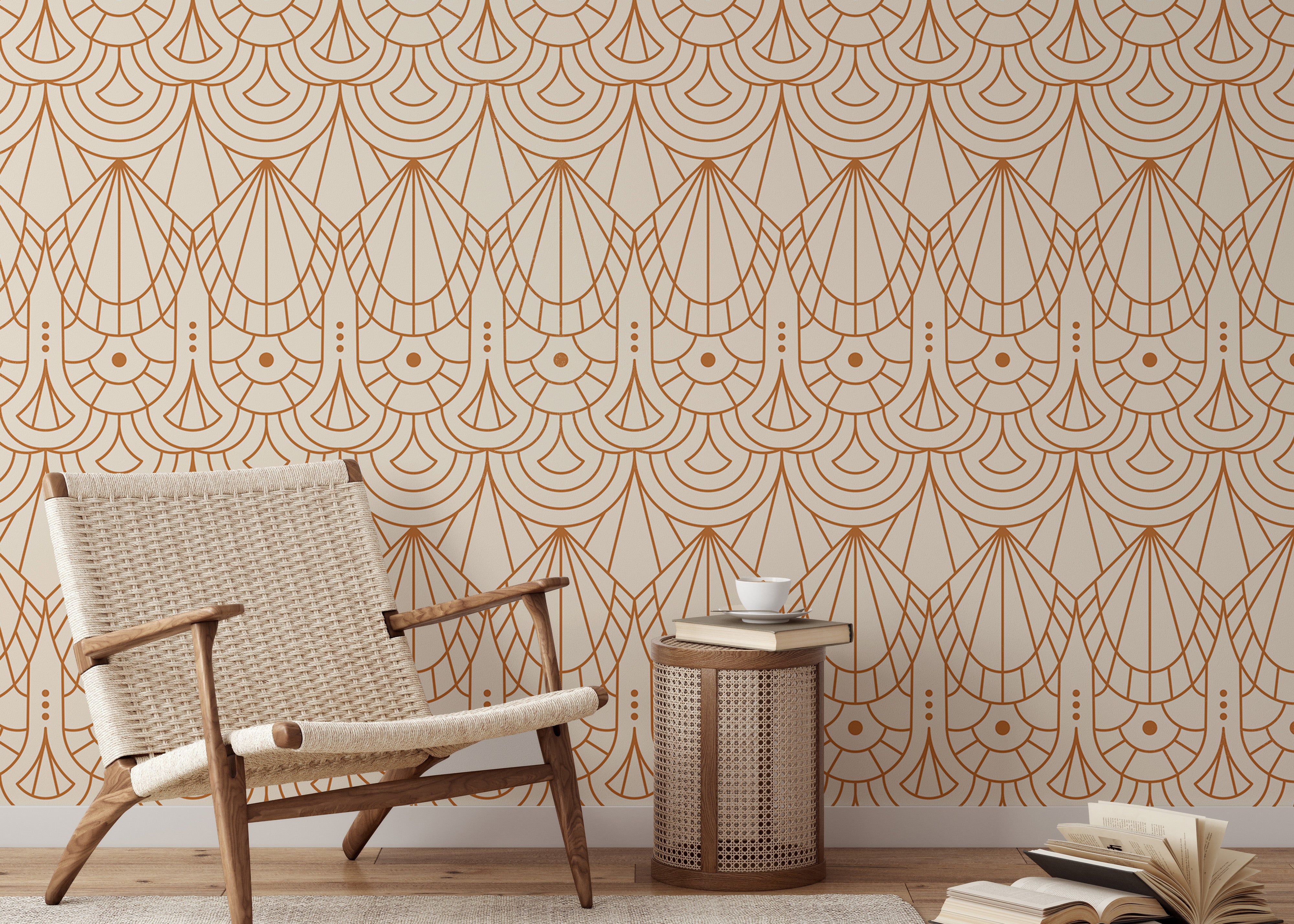 Elegant Deco wallpaper with orange and beige.