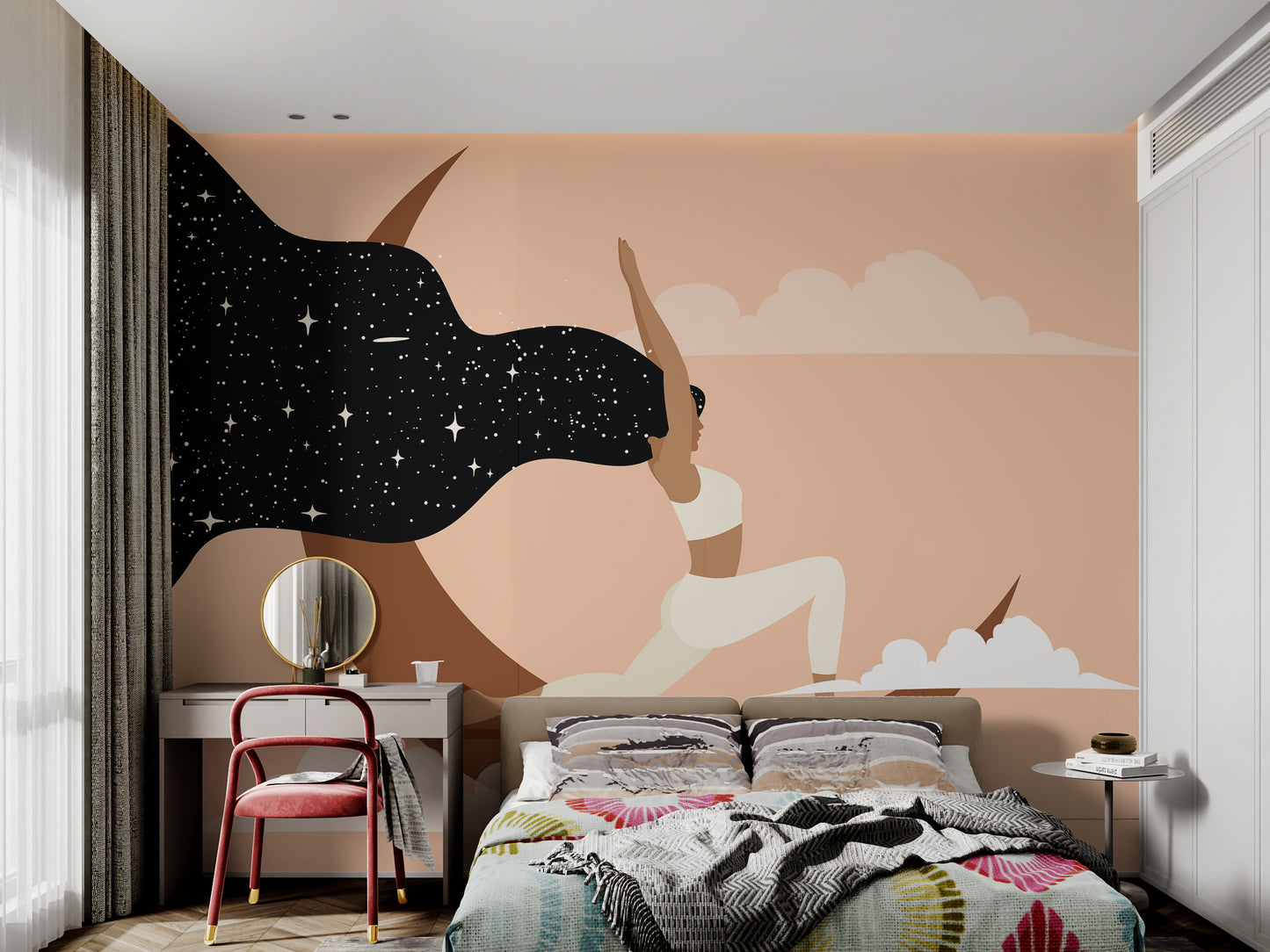 Moonlight-themed yoga mural for peaceful wall decor