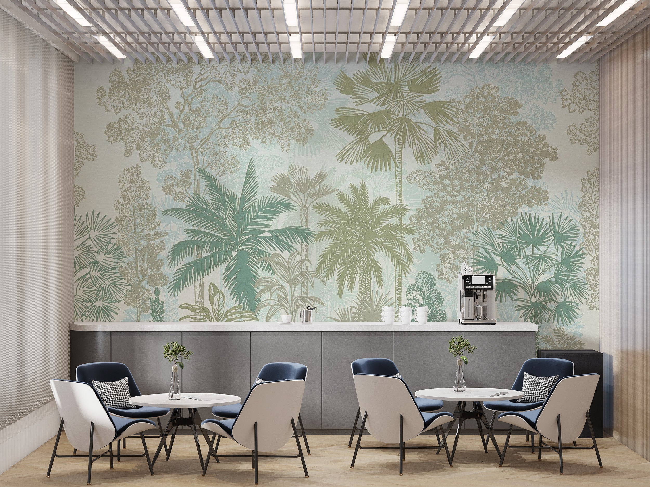 Subtle jungle mural with delicate botanical elements
