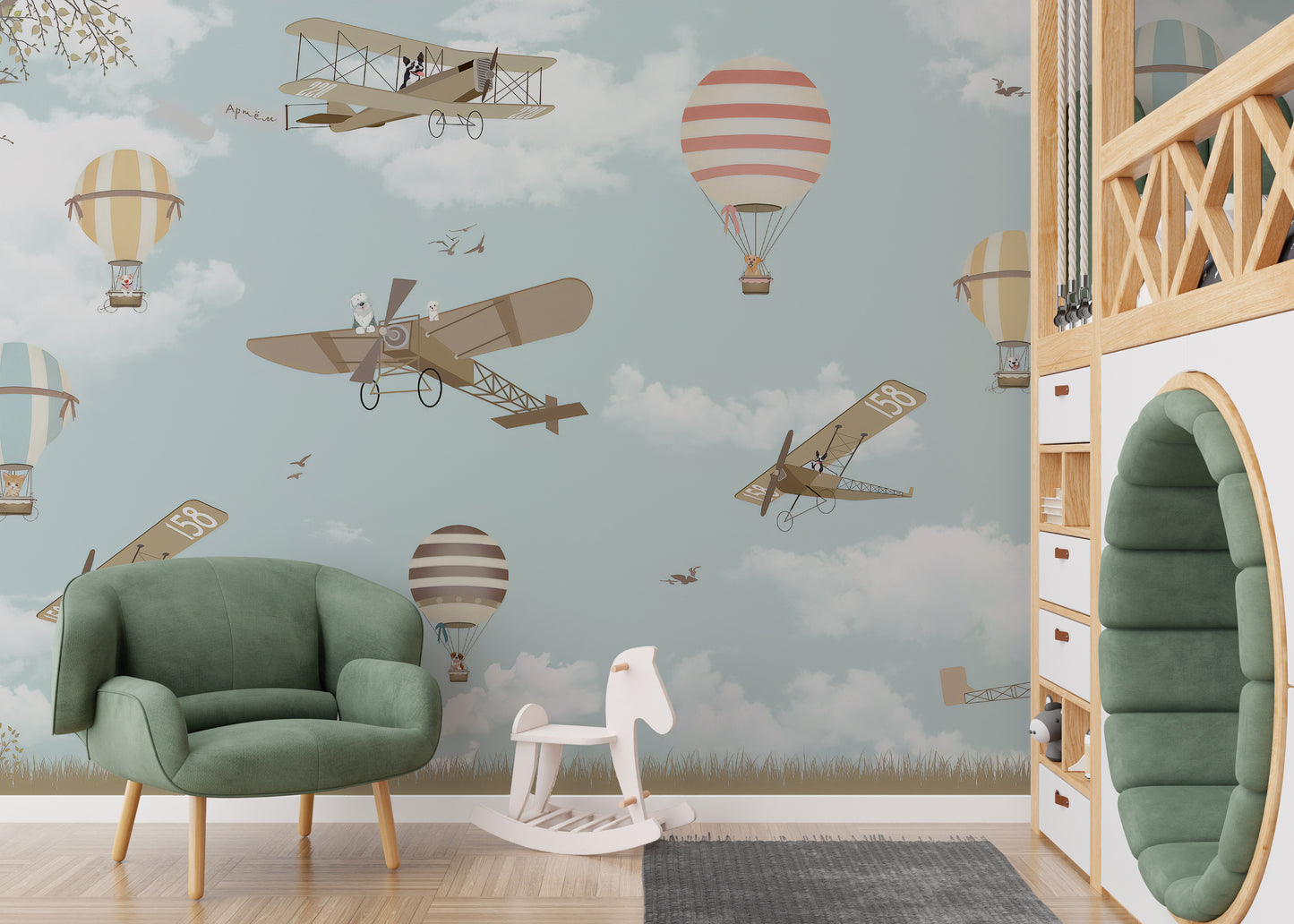 Airplane mural combined with floating balloons