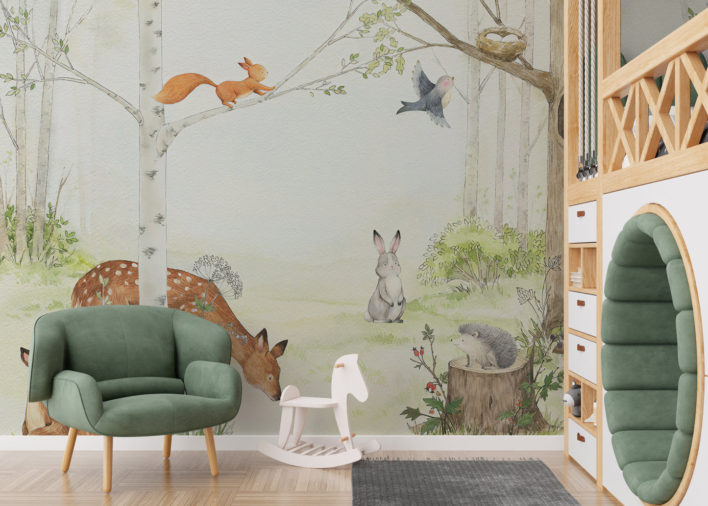 Whimsical kids wallpaper with forest animals