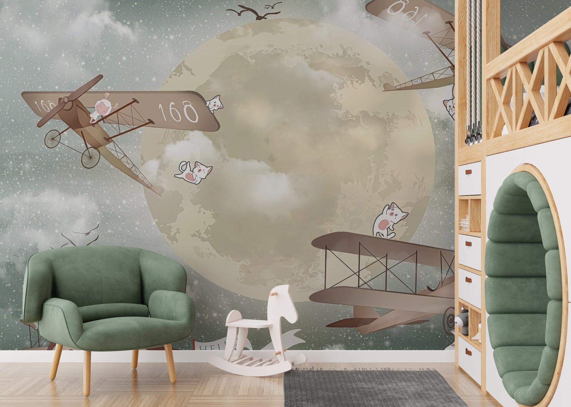 Kids mural showcasing starry skyward gliders