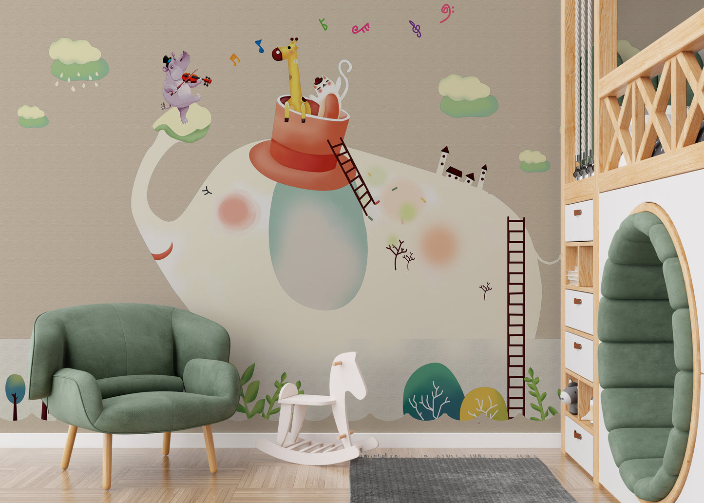 Cheerful elephants on beige wall design.
