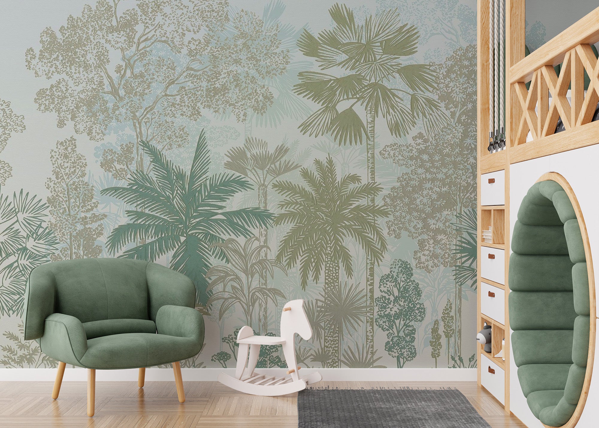 Elegant botanical jungle wallpaper in muted tones
