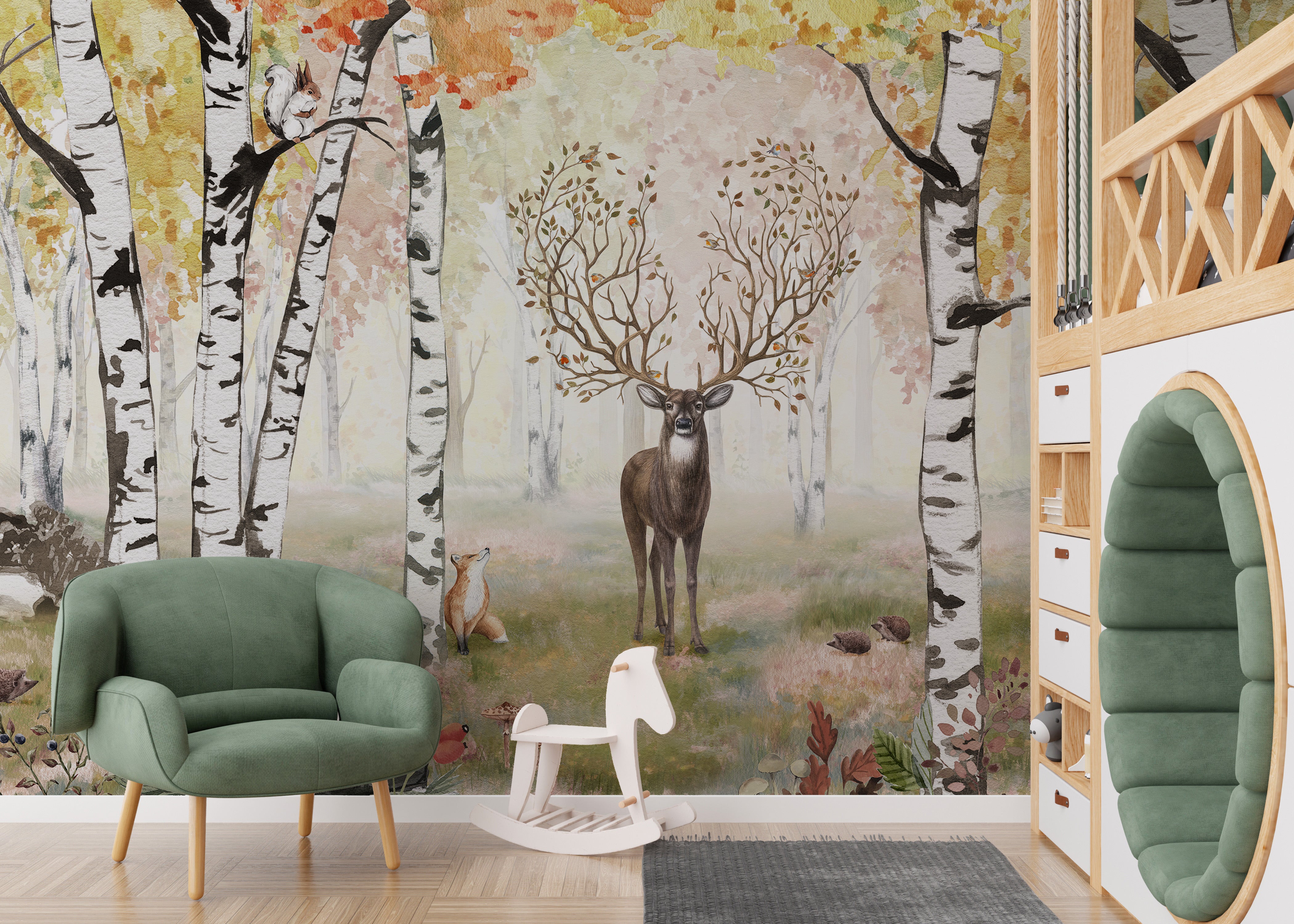 Autumn-themed mural with antlered deer and scenery.