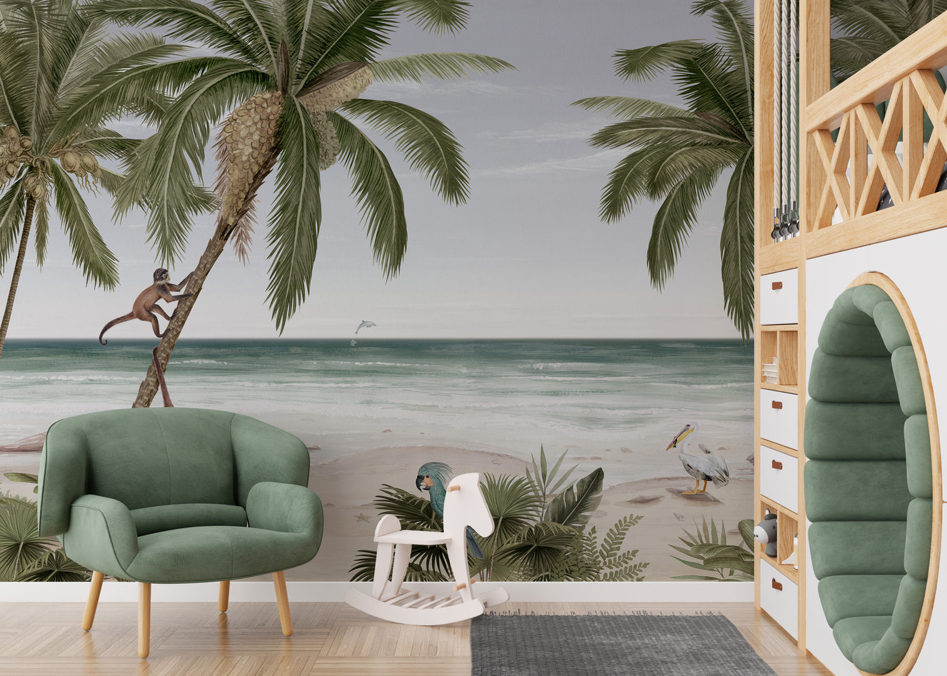 Tropical beach mural with serene ocean and palm trees.
