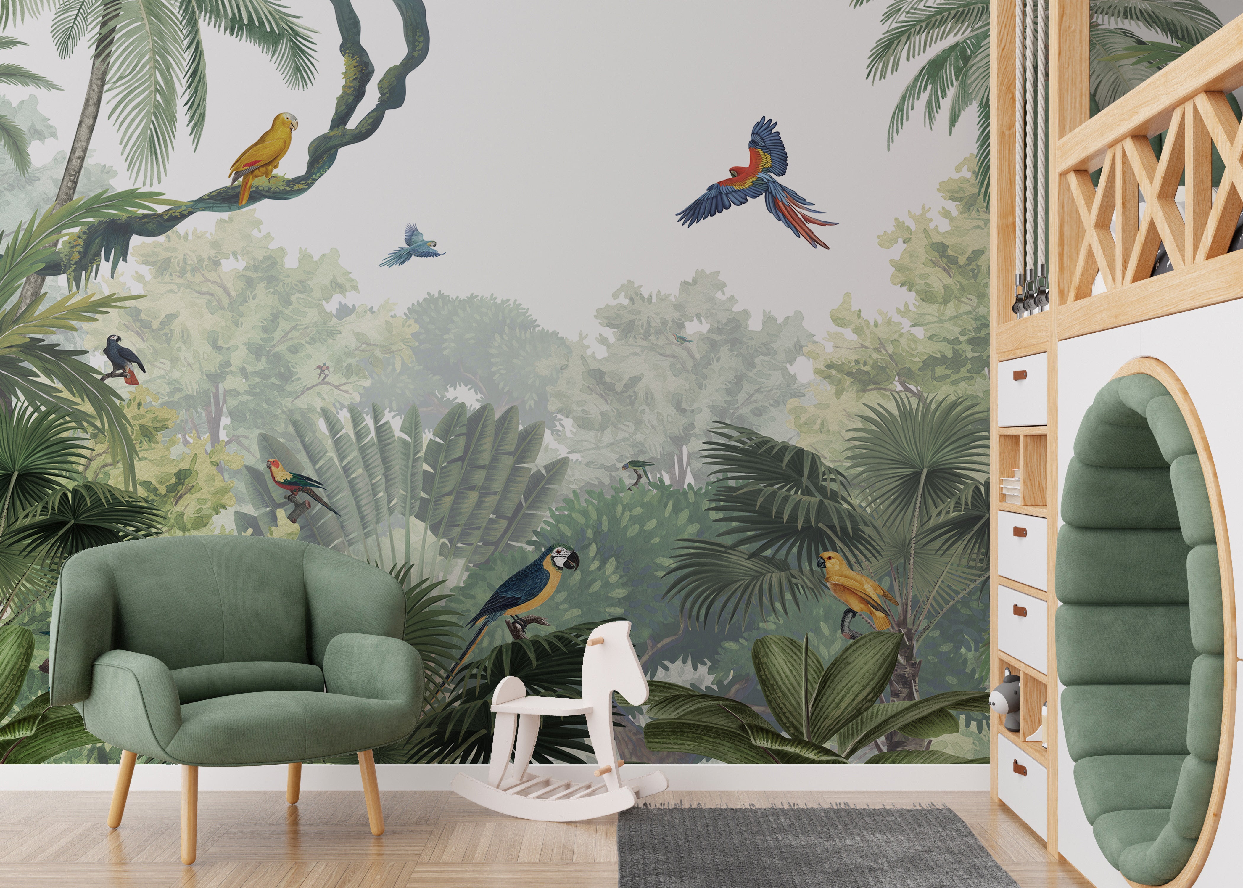 Vibrant wall mural featuring parrots amidst jungle flora.
