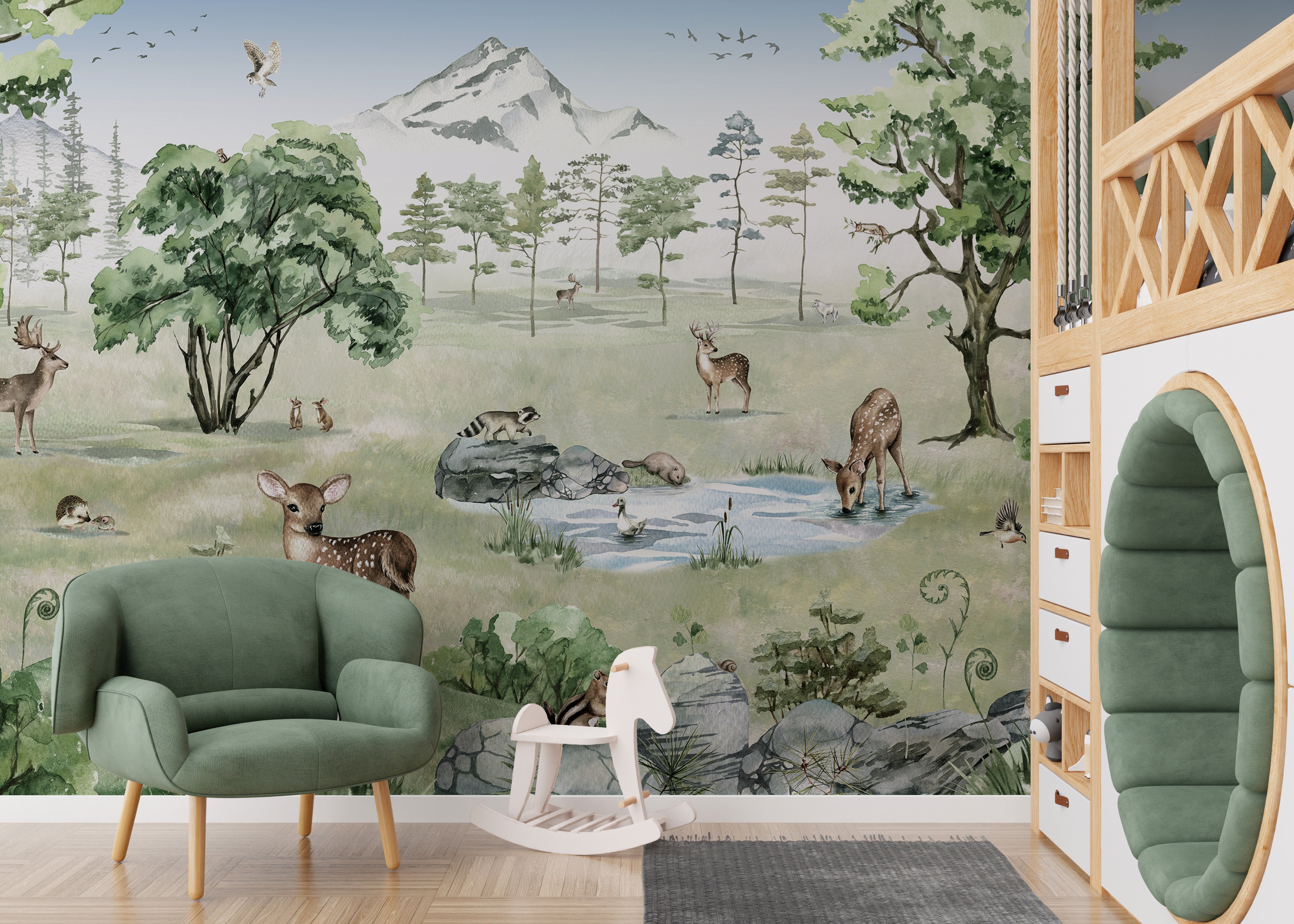 Deer wildlife wall mural with lush forest elements.
