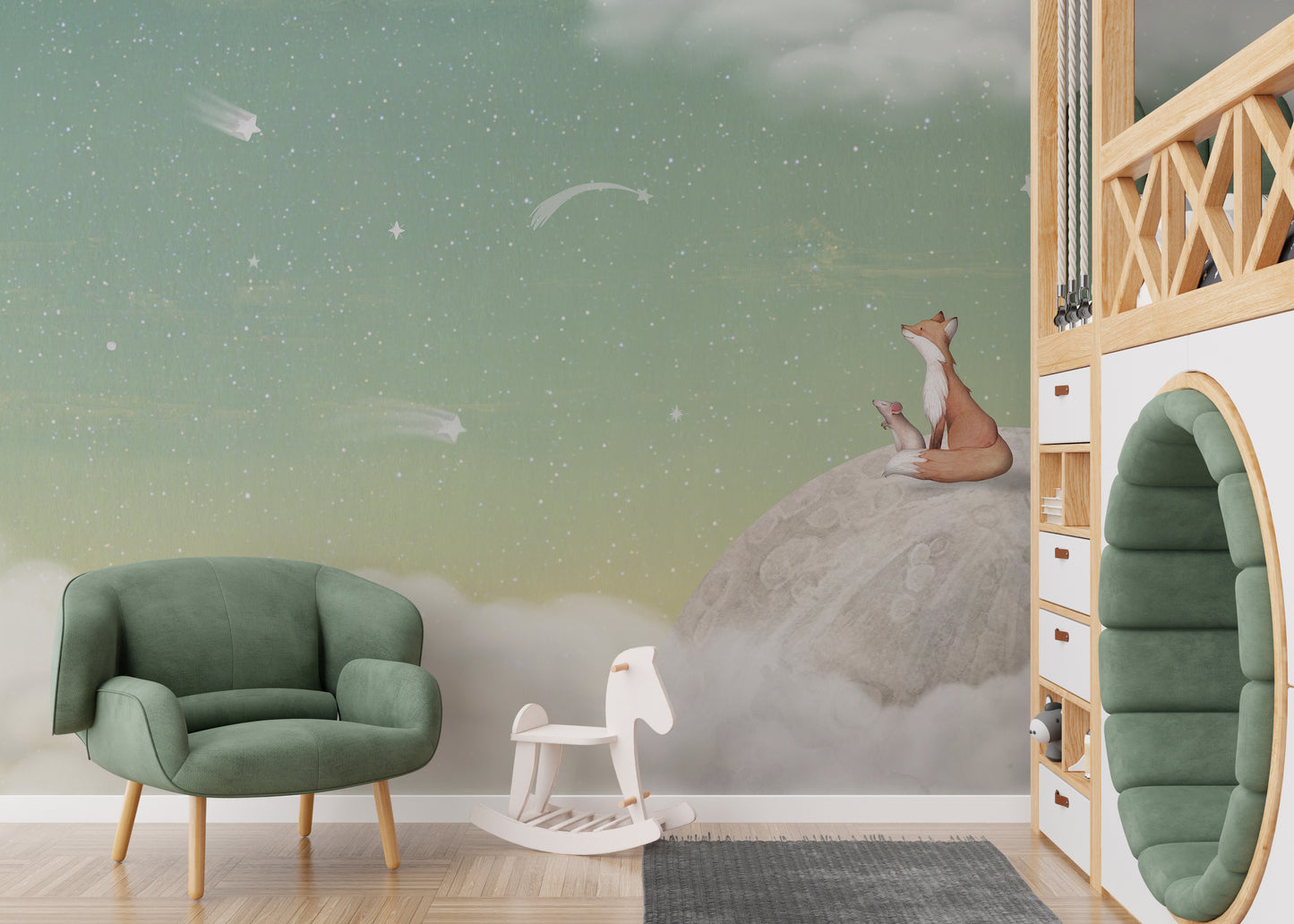 Nature-inspired green mural with a fox and celestial theme
