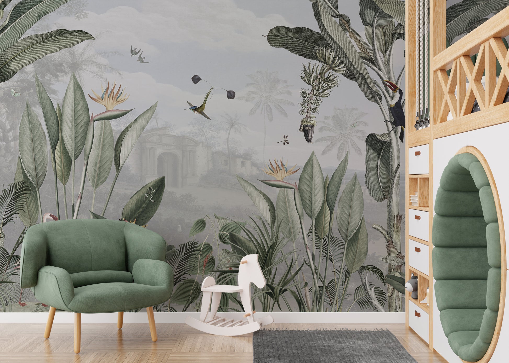 Nature-inspired mural with intricate jungle elements in a panoramic style
