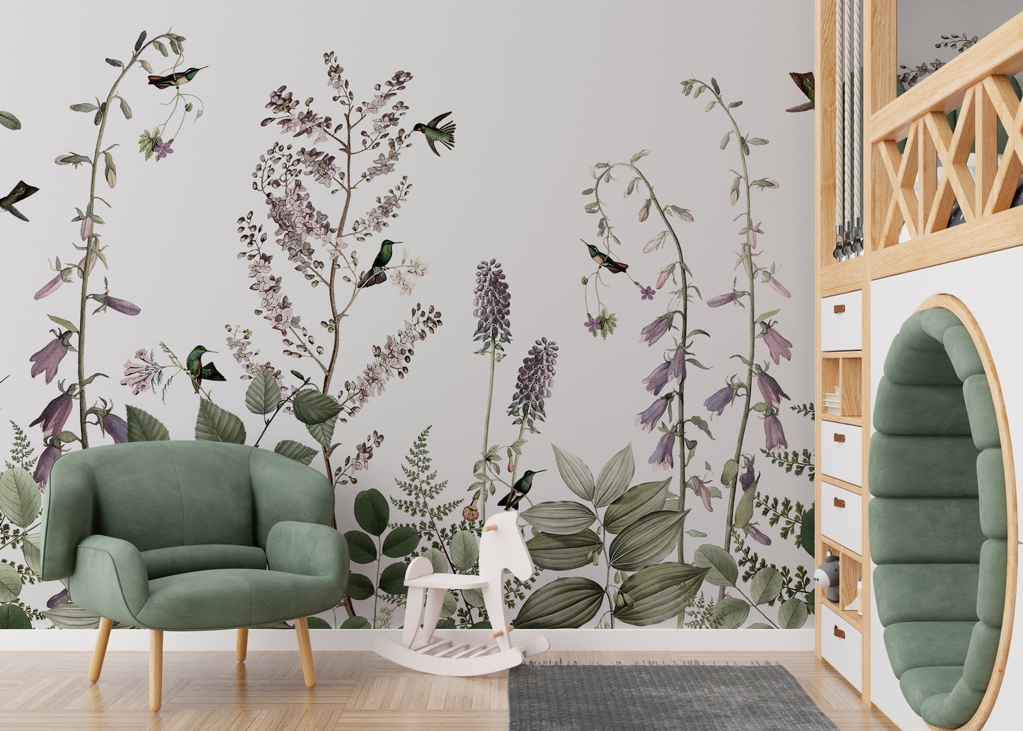 Hummingbird mural with lush botanical garden design.
