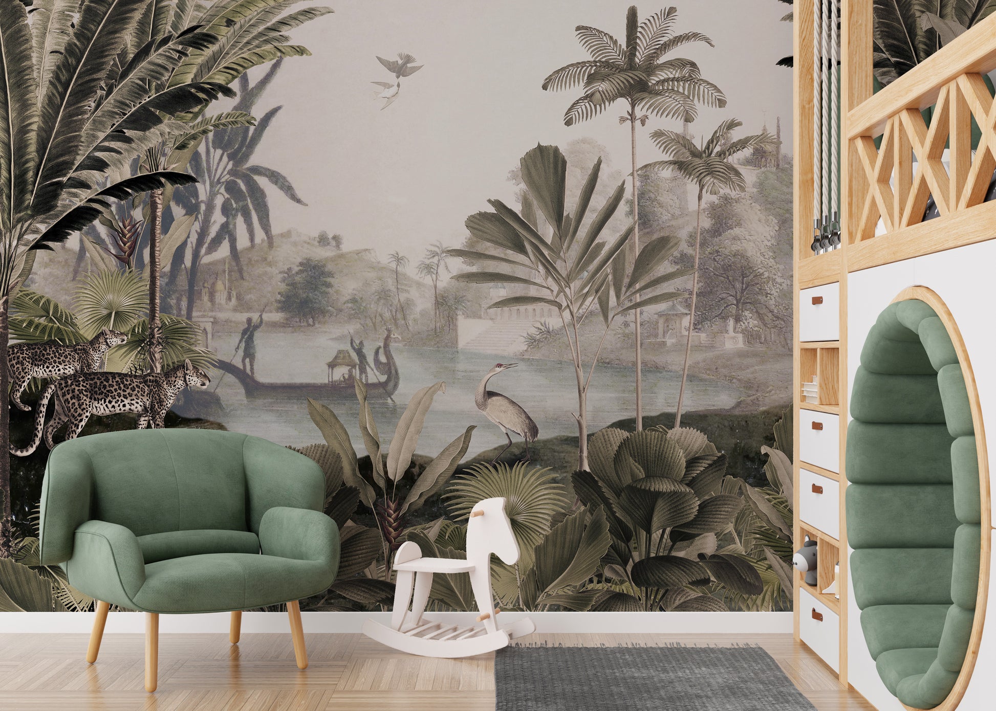 Sepia jungle mural showcasing a mysterious atmosphere.
