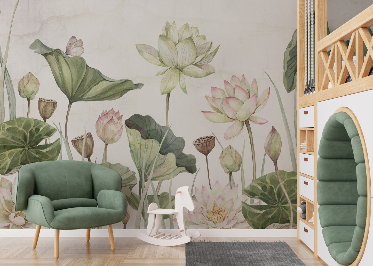 Tranquil mural featuring water lilies and greenery.
