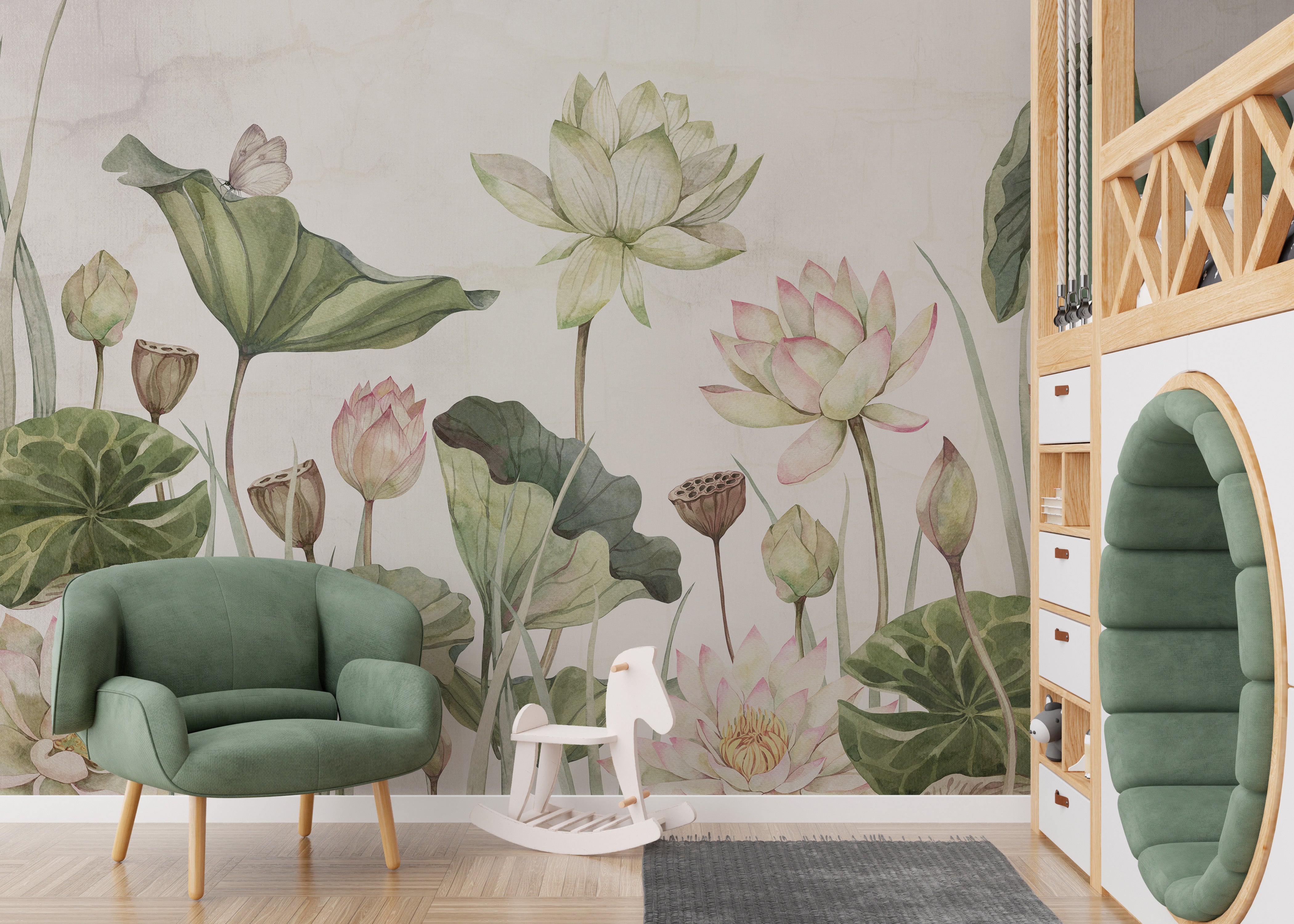 Tranquil mural featuring water lilies and greenery.
