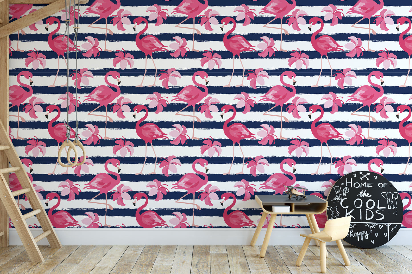 Flamingo Oasis in Blue Stripes Wallpaper