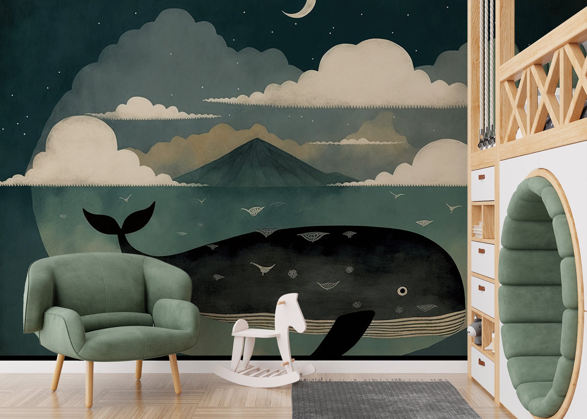 Whale under moon peel-off mural for creative wall accents