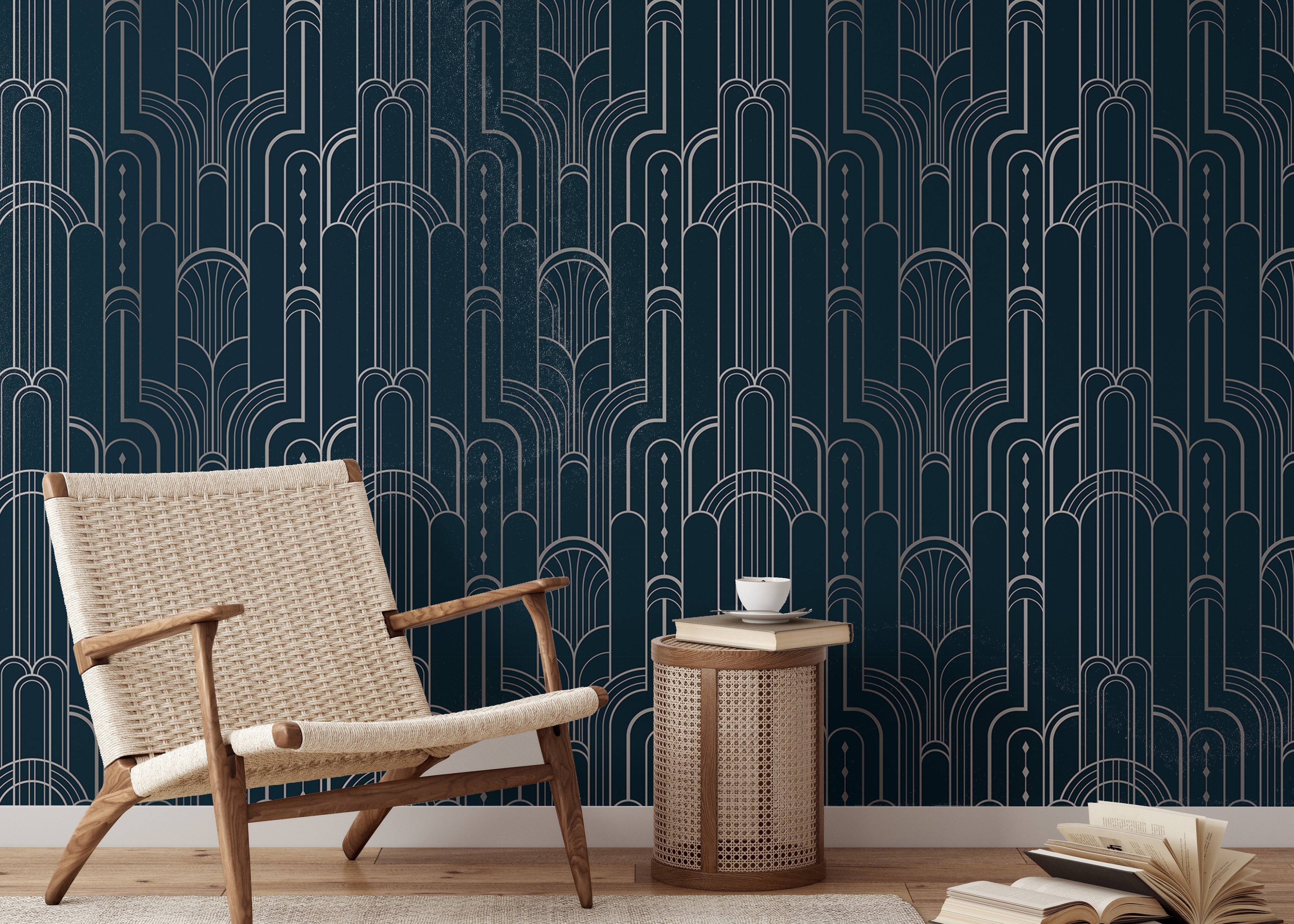 Luxurious silver and blue Deco removable wallpaper.