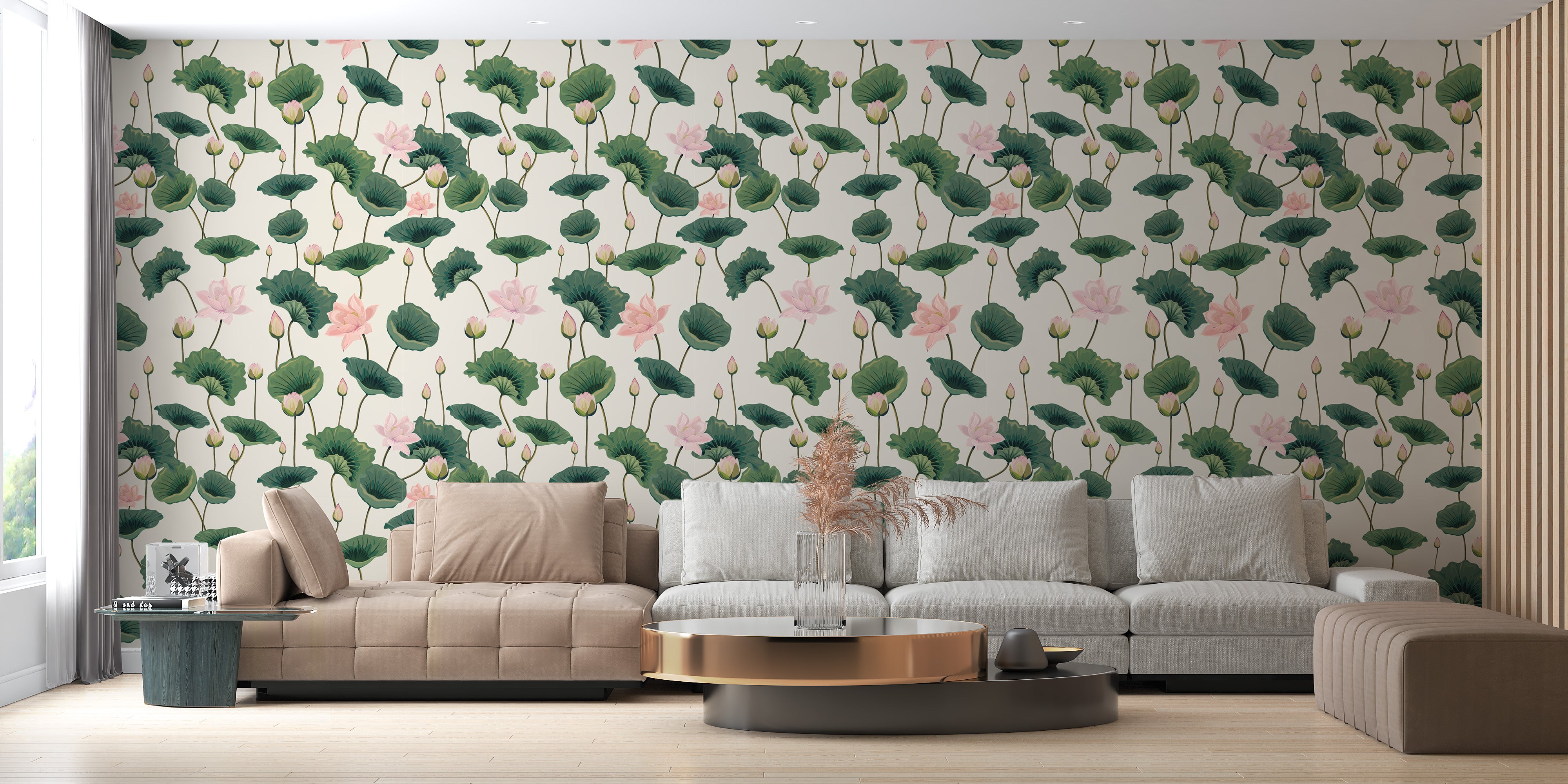 Peaceful lotus mural with lush greenery
