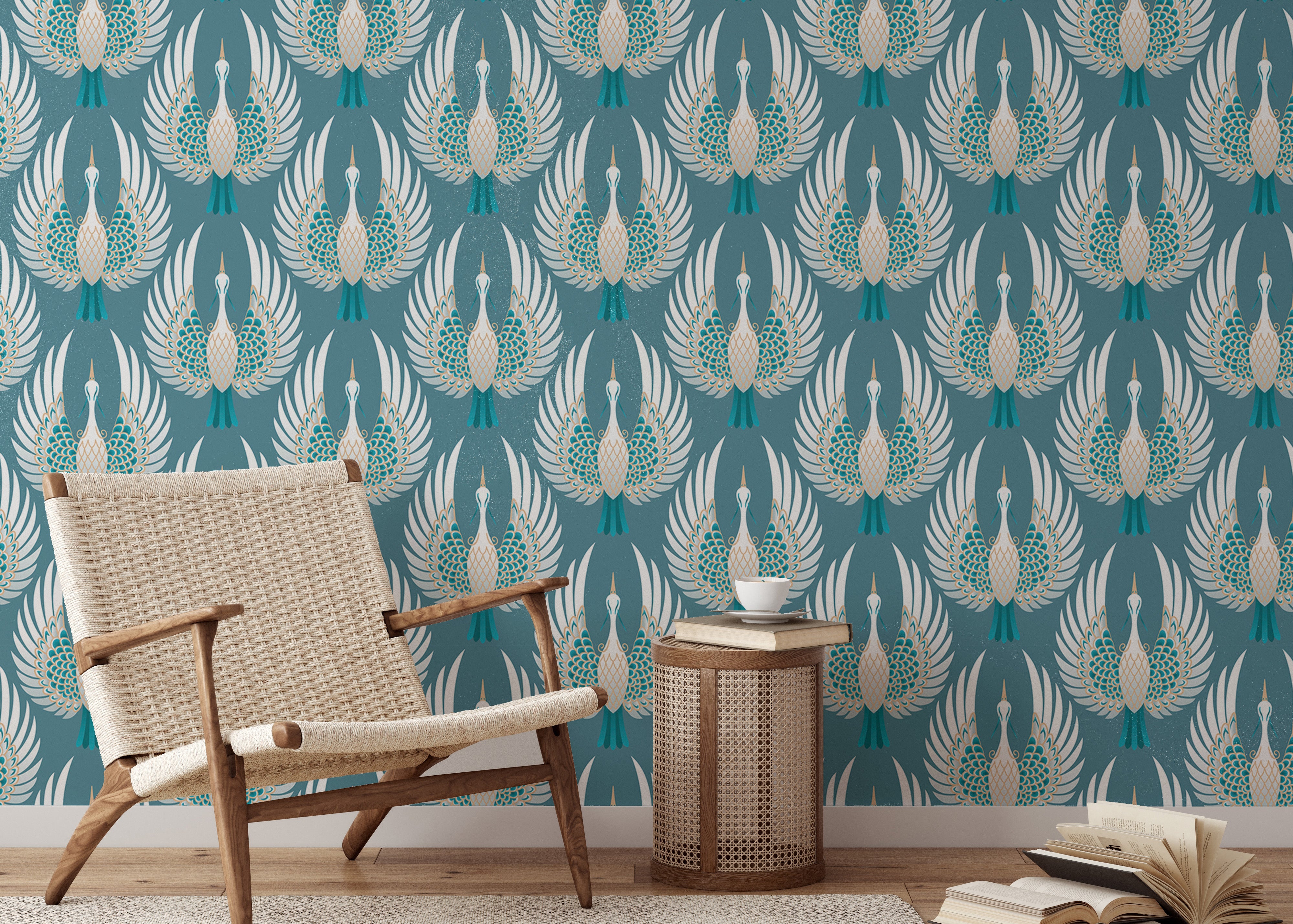 Decorative blue crane bird Japanese wallpaper design.