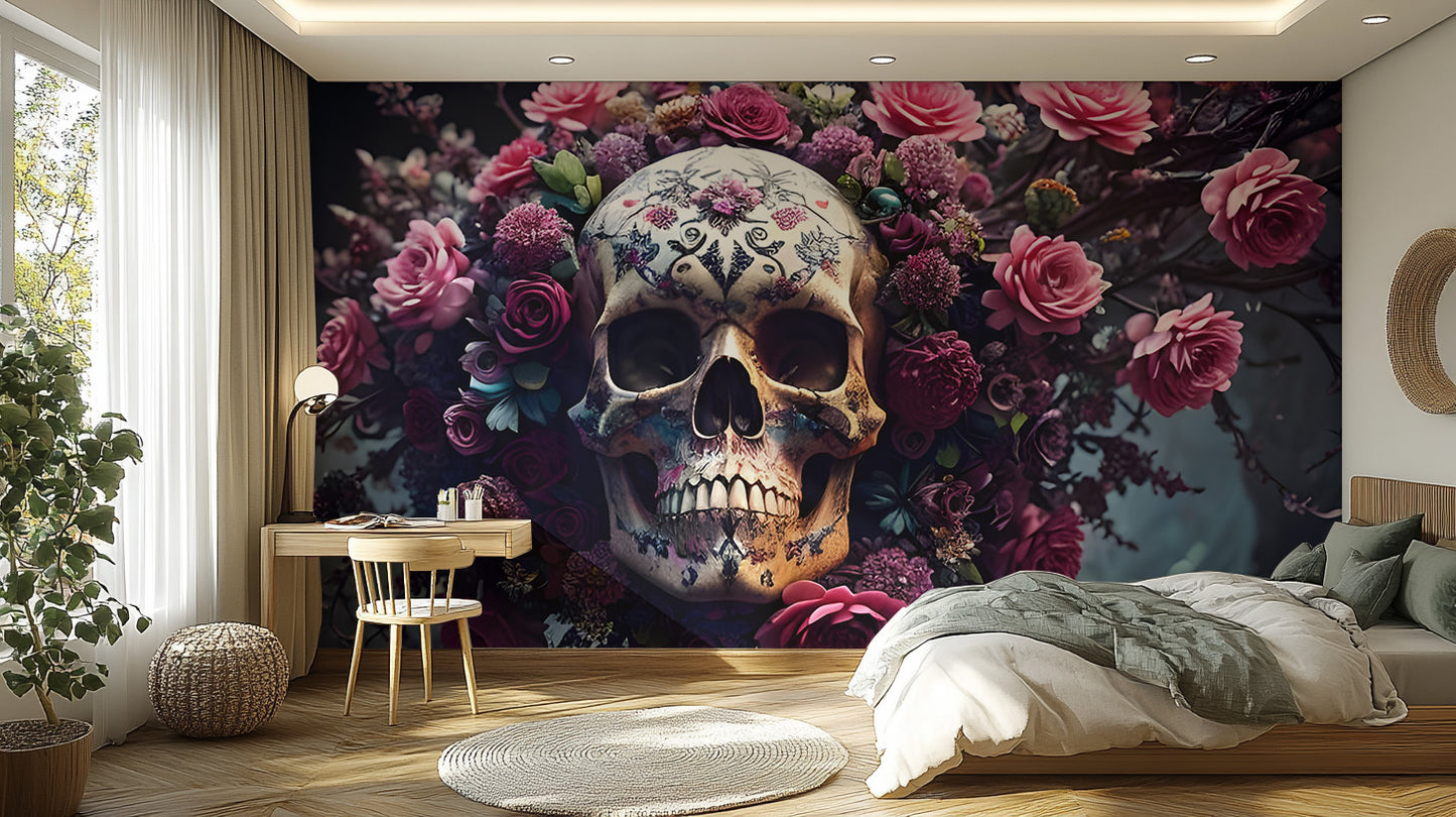 Floral skull mural perfect for spooky seasonal decor
