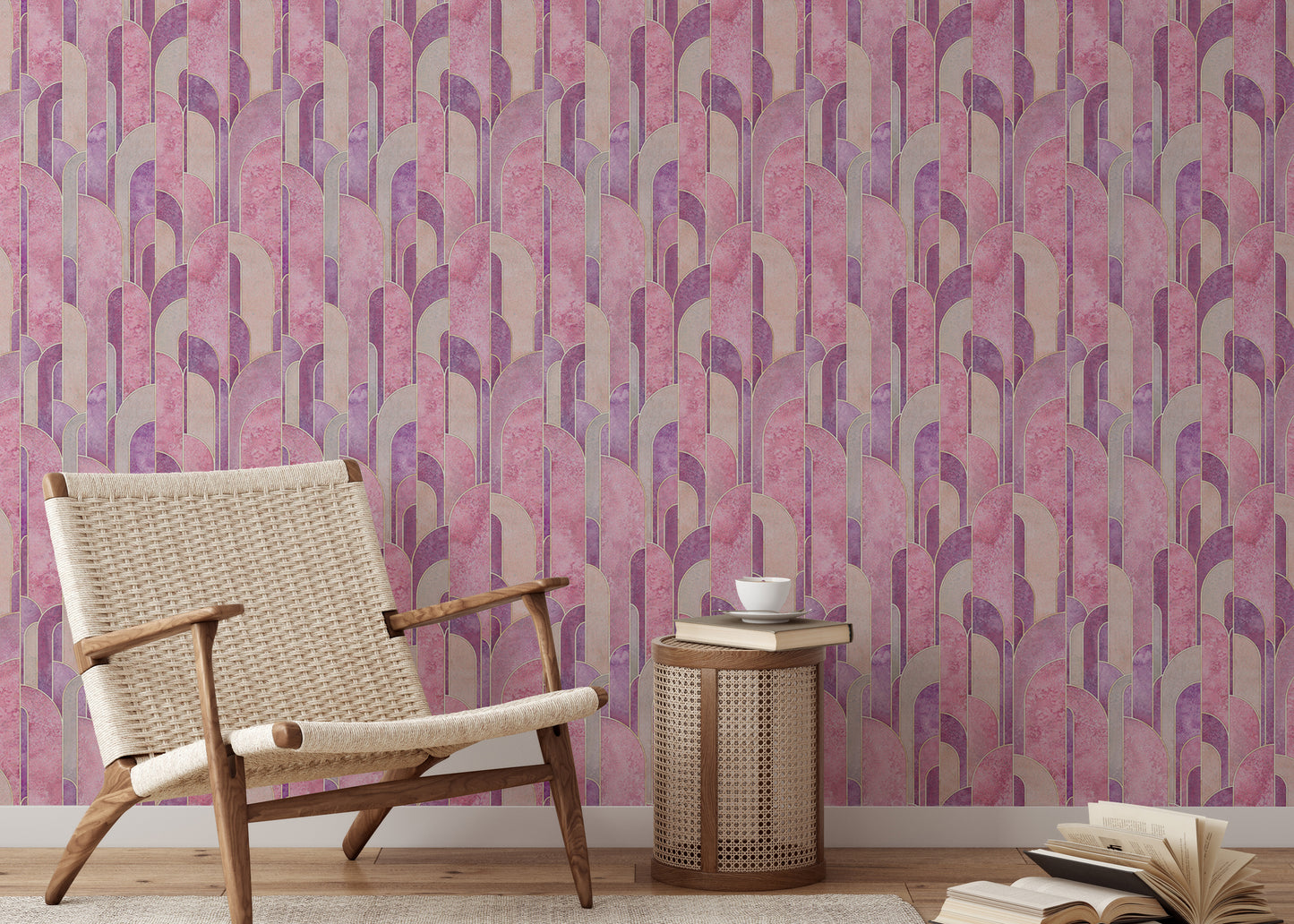 Pink Color Art Deco Geometric Wallpaper For Wall