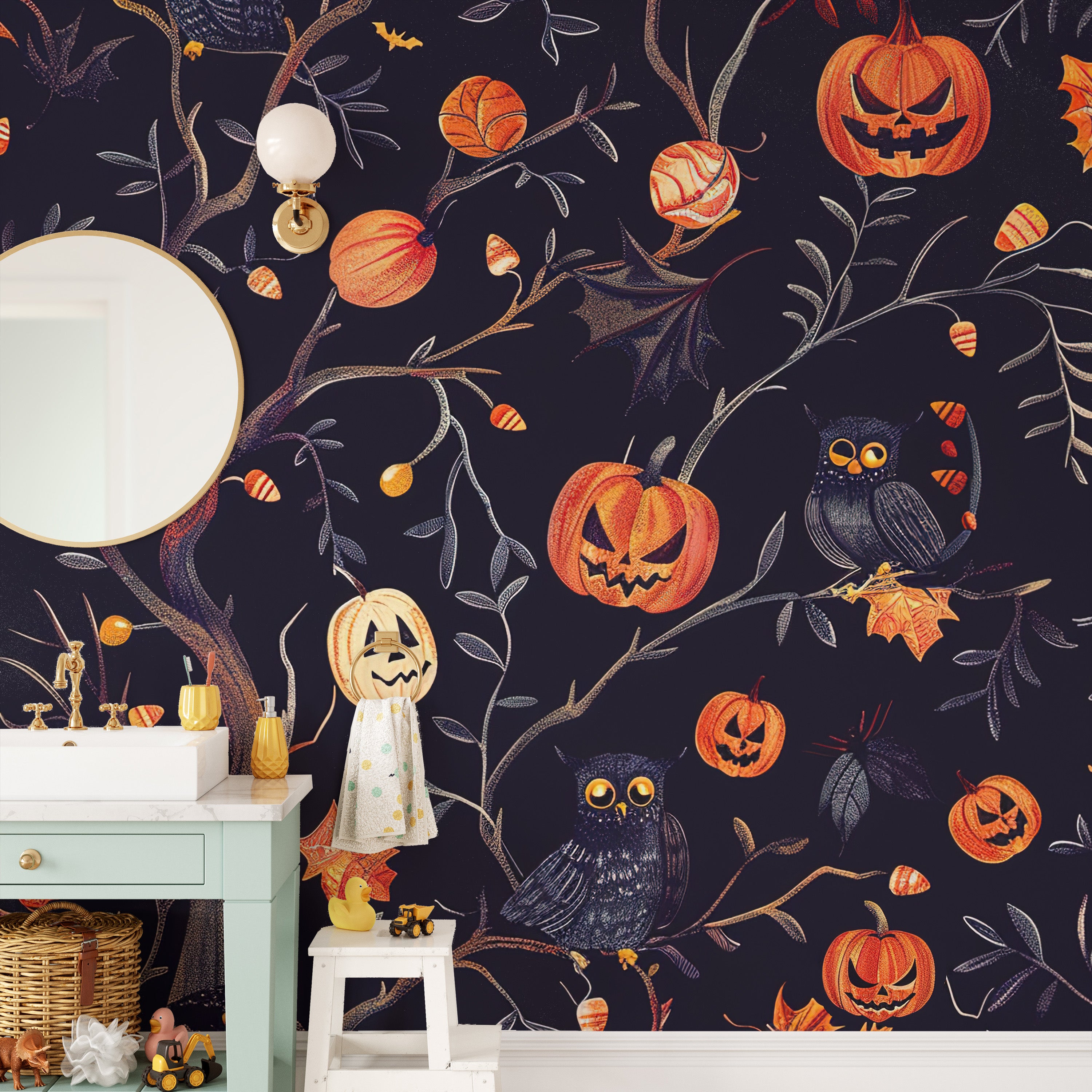 Owls and pumpkins mural perfect for Halloween interiors
