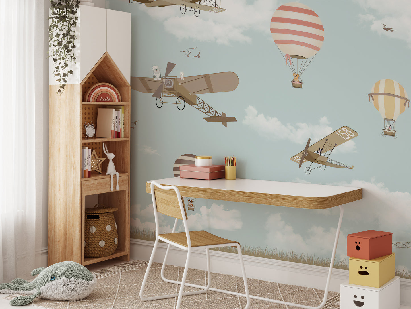 Balloon wallpaper with charming plane accents