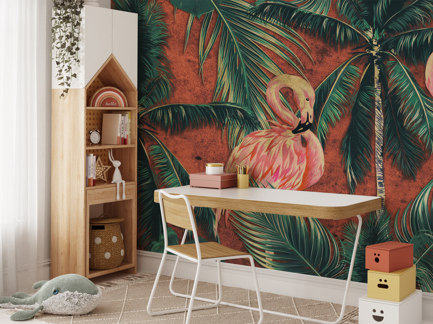 Tropical flamingo design on dark wallpaper.
