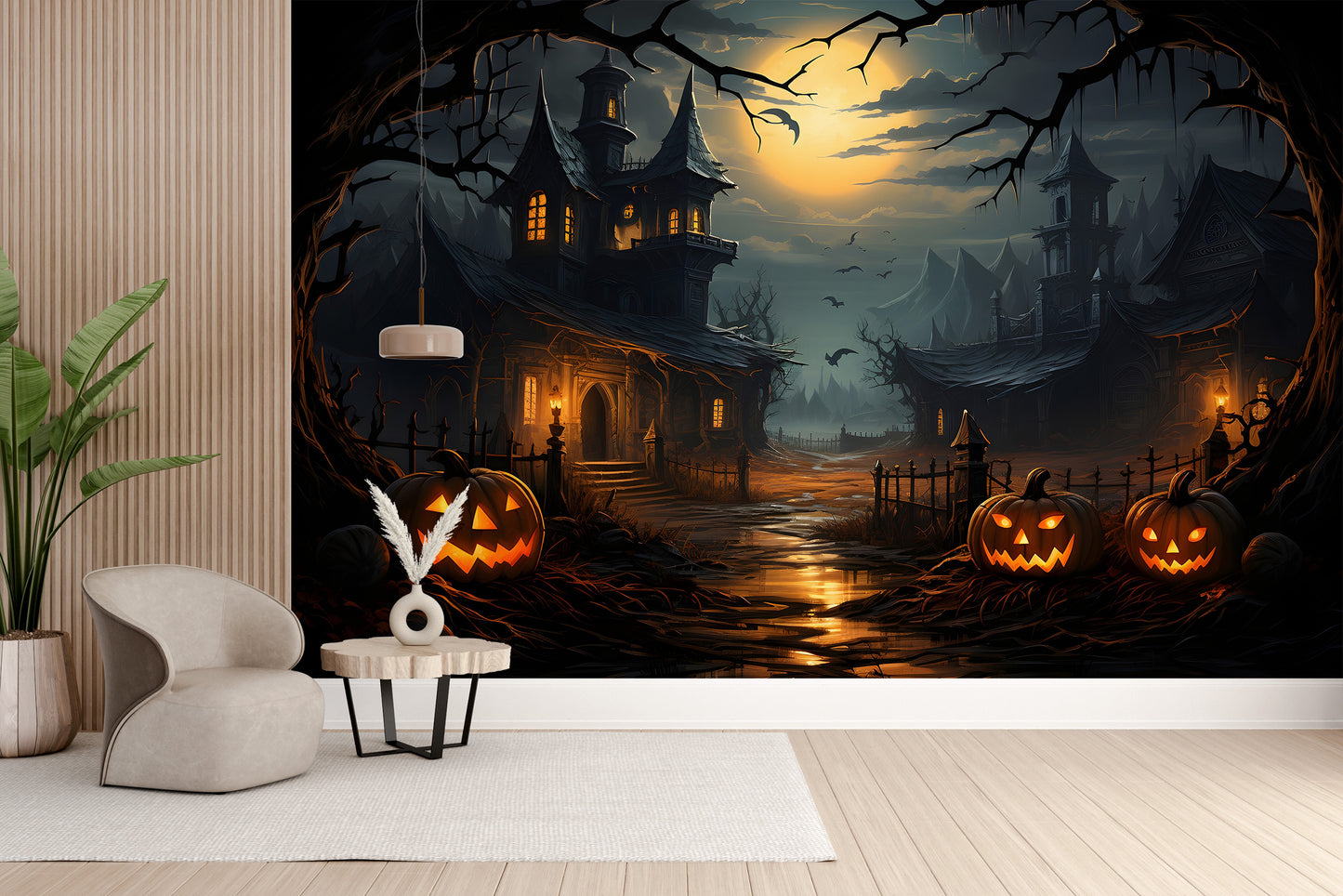 Spooky scene mural with a haunted house and eerie vibes
