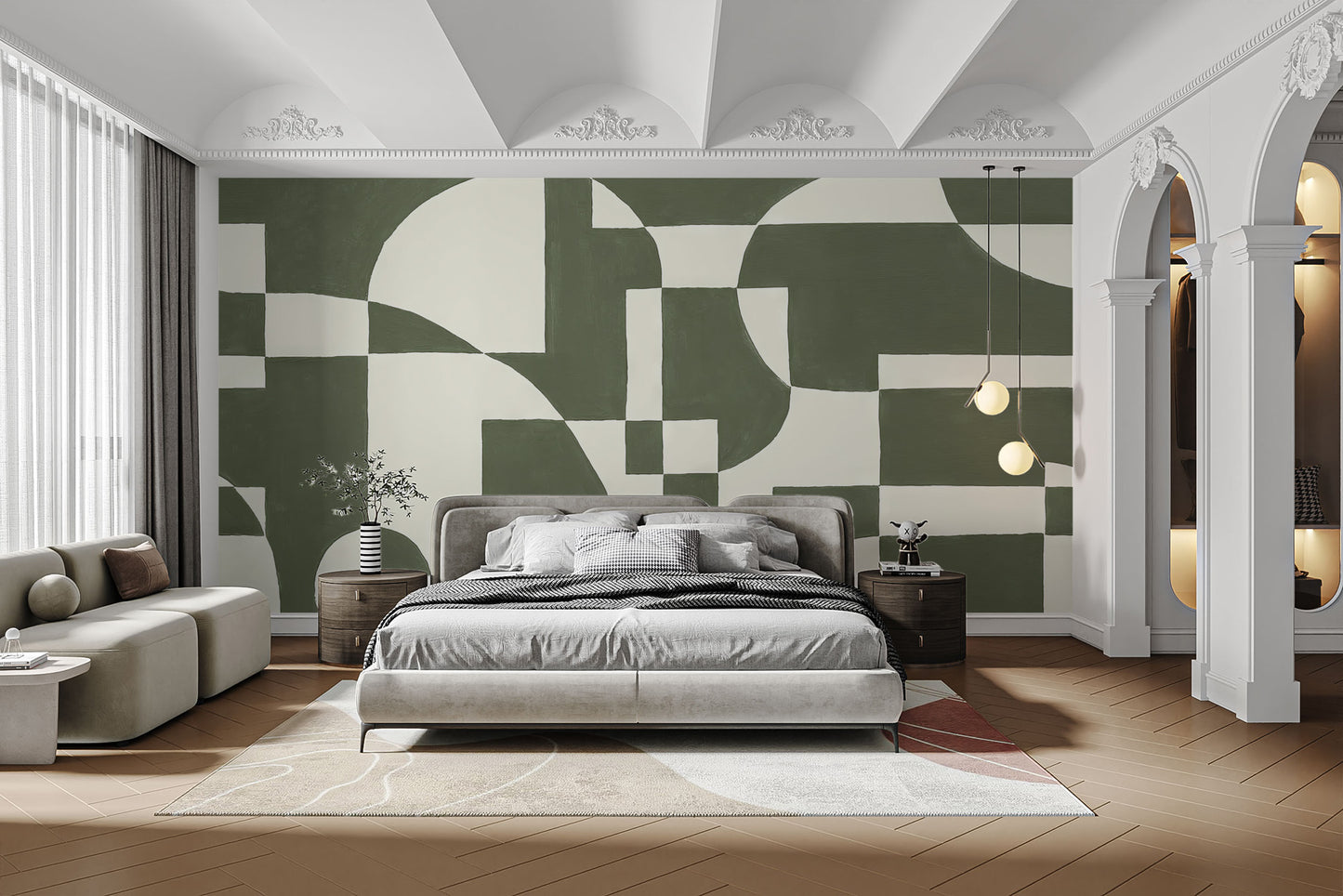 Abstract mural showcasing emerald green shapes and angles
