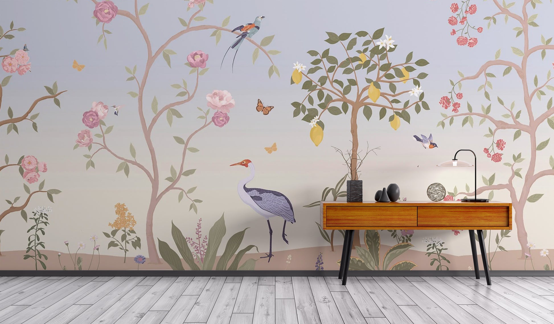 Beautiful spring floral chinoiserie mural for interiors
