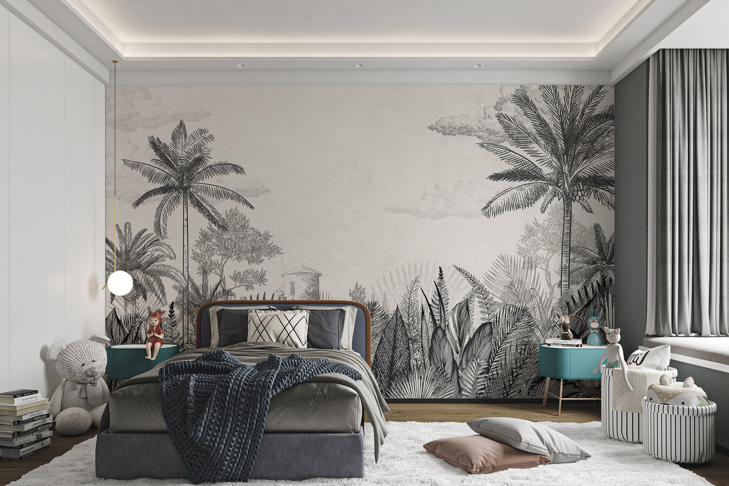 Vintage Tropical Botanical Monochrome Mural