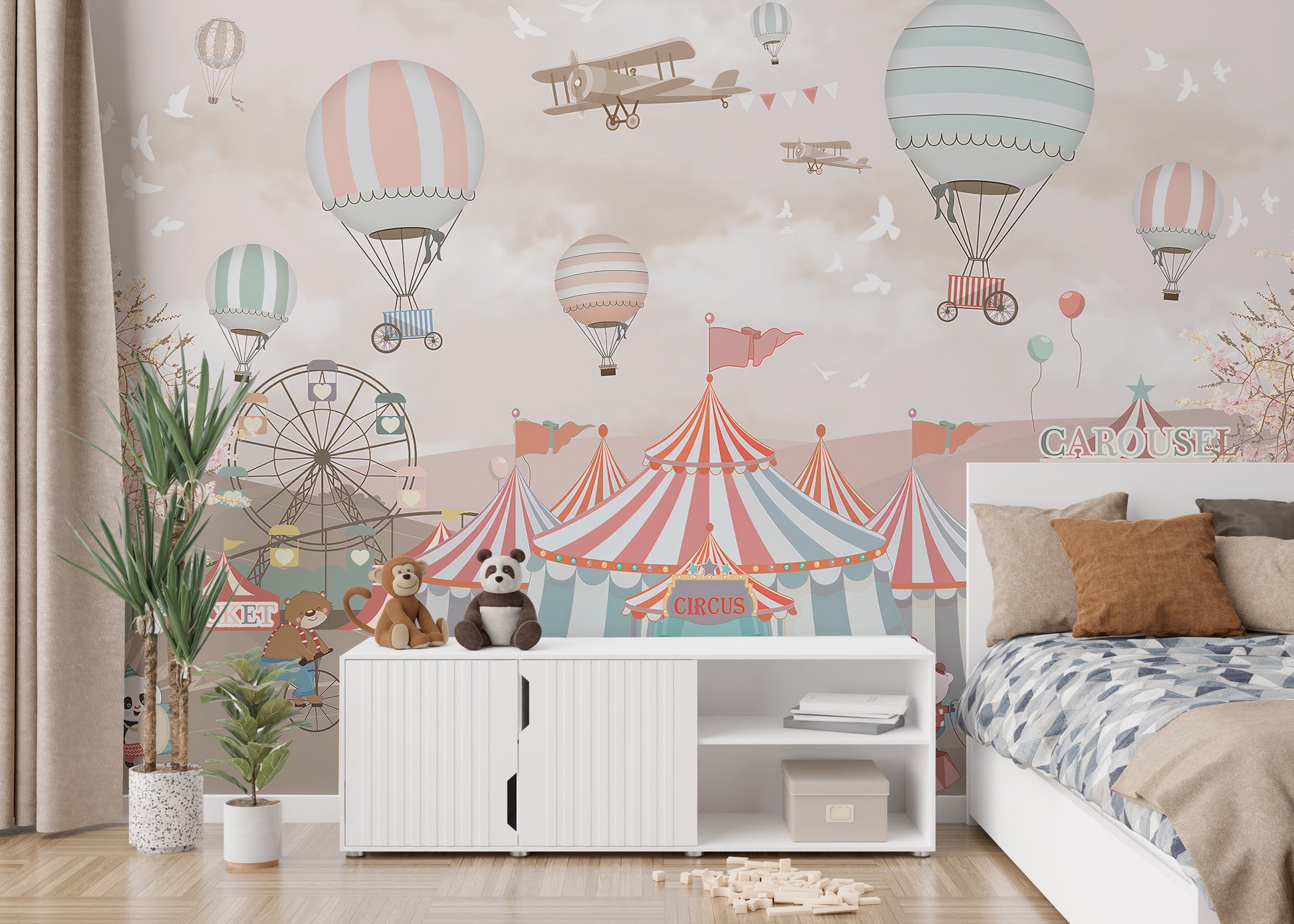 Adorable circus mural in bright pink tones