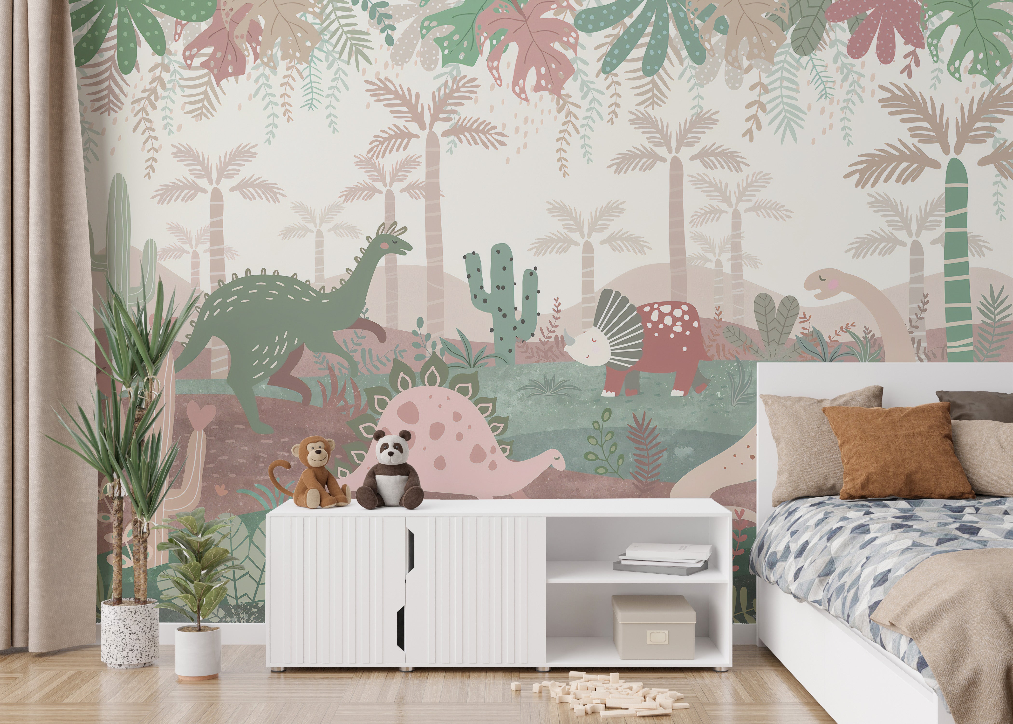 Whimsical dinosaur wallpaper in soft tones