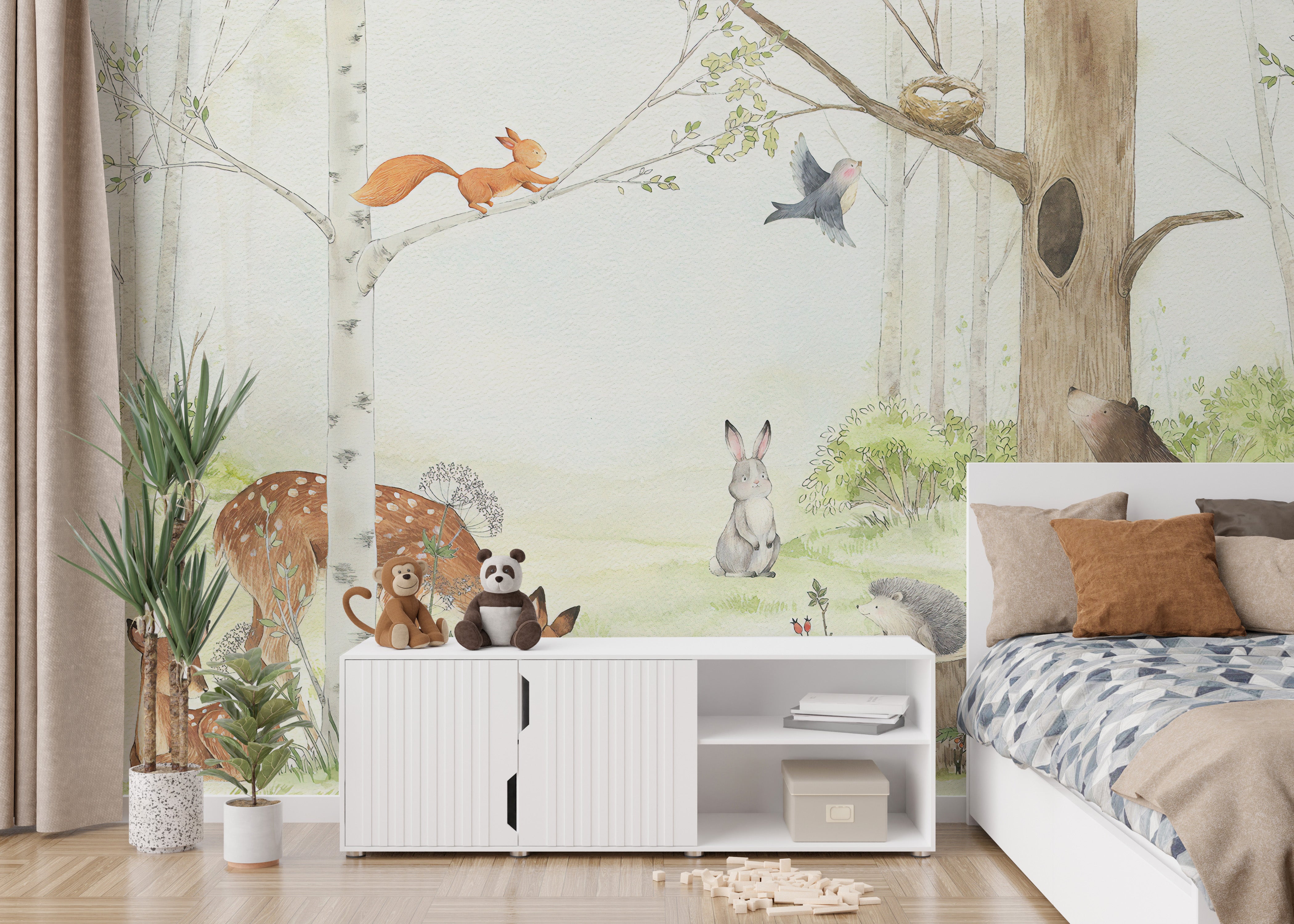 Gentle forest animal wallpaper in watercolor