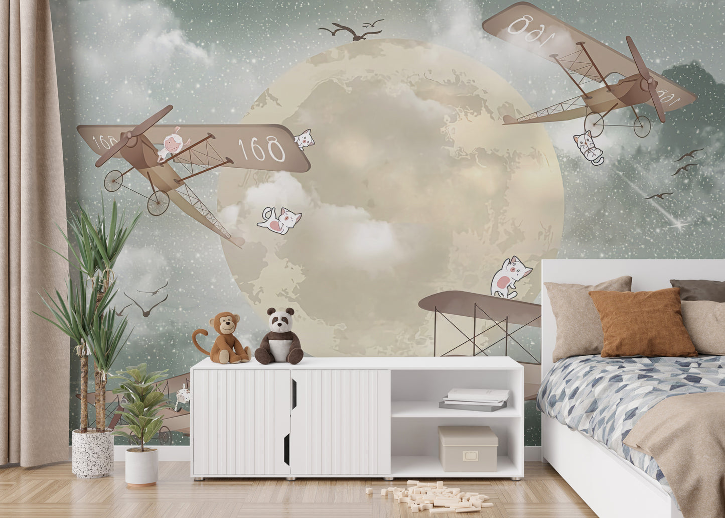 Gliders and stars mural in a night sky theme